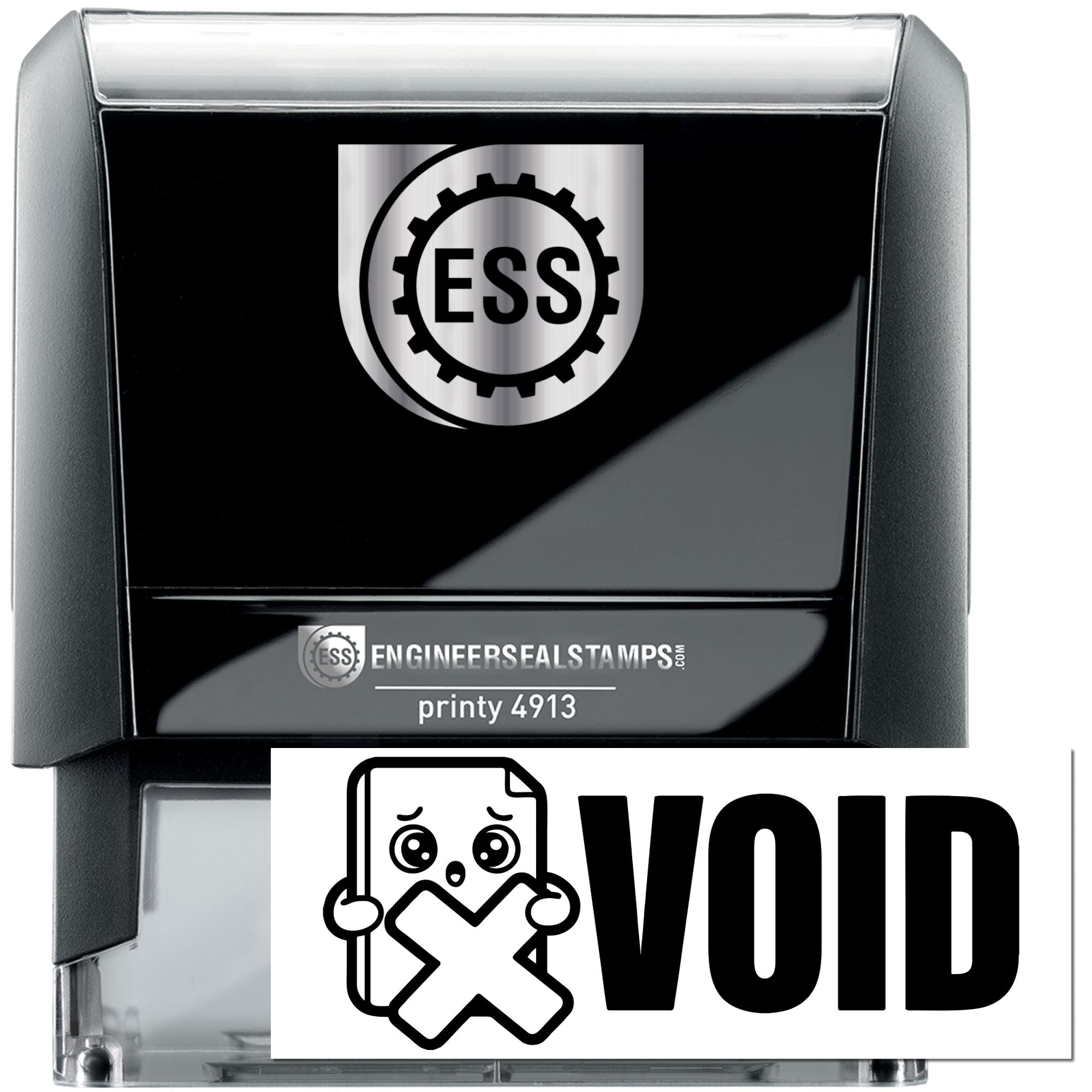 Black self-inking engineer seal stamp with ESS logo, silver accents, and bold VOID imprint on a clear base.