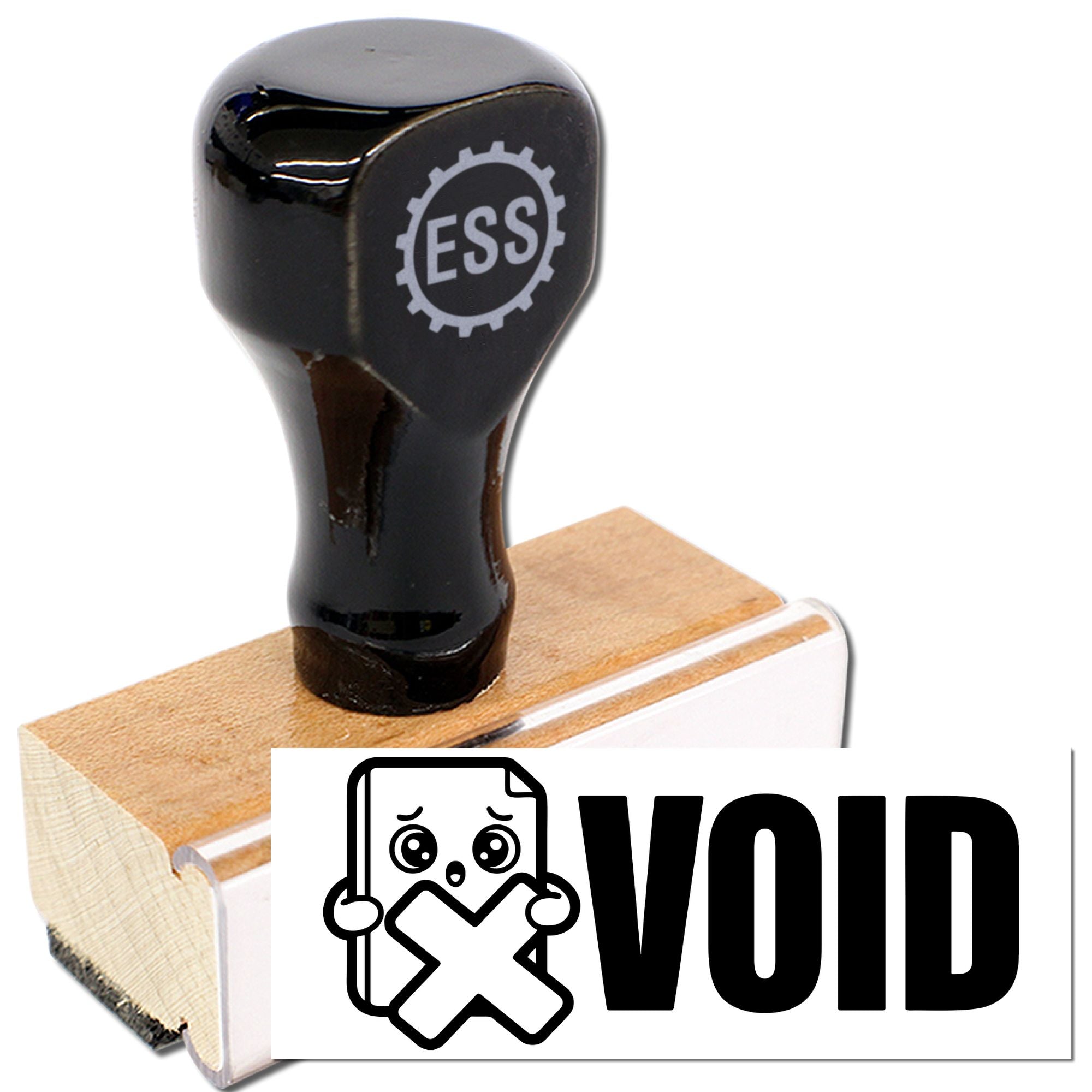 Black rubber stamp with ESS logo on a wooden block, next to a white VOID seal label.