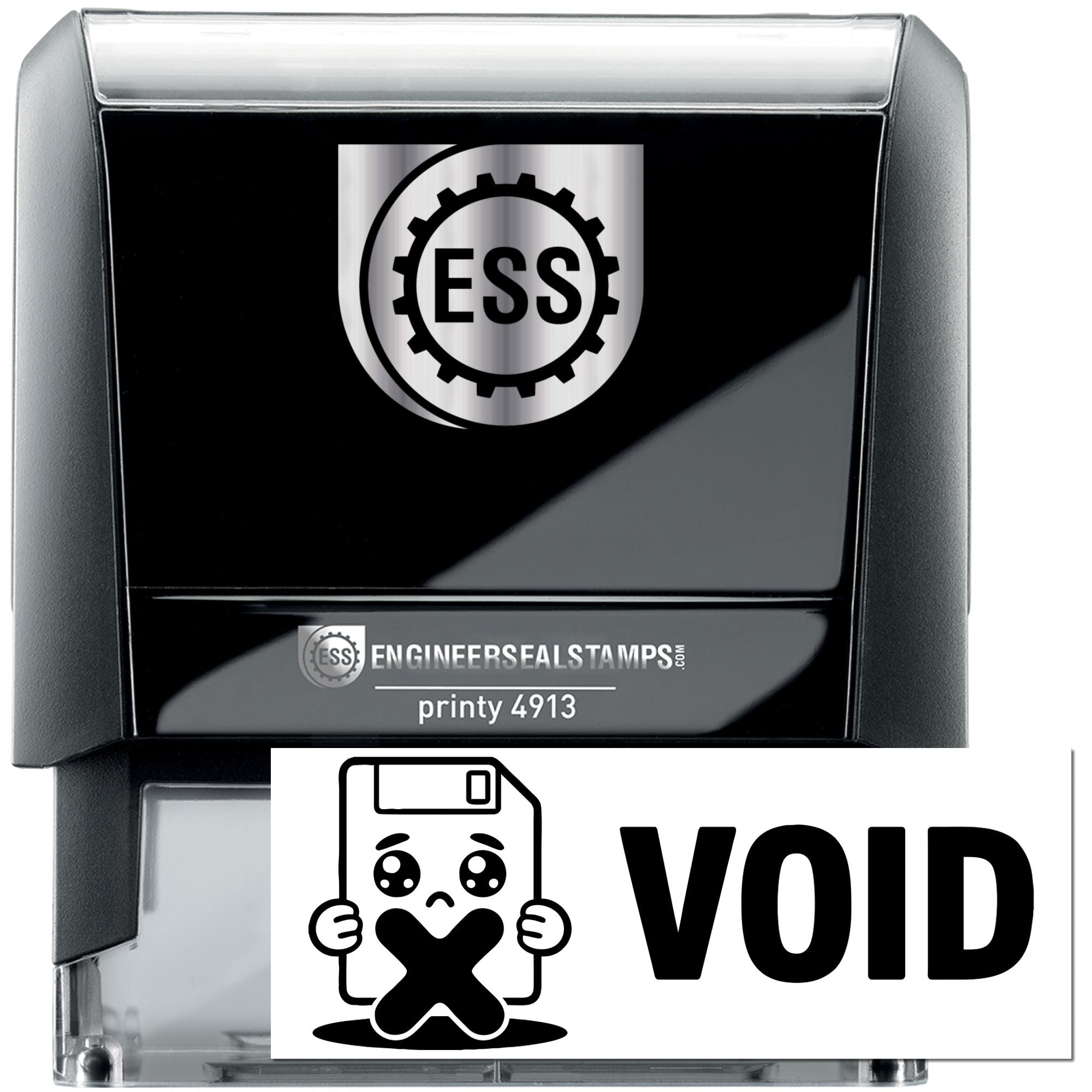 Black and silver self-inking ESS engineer seal stamp with VOID impression and Printy 4913 model.