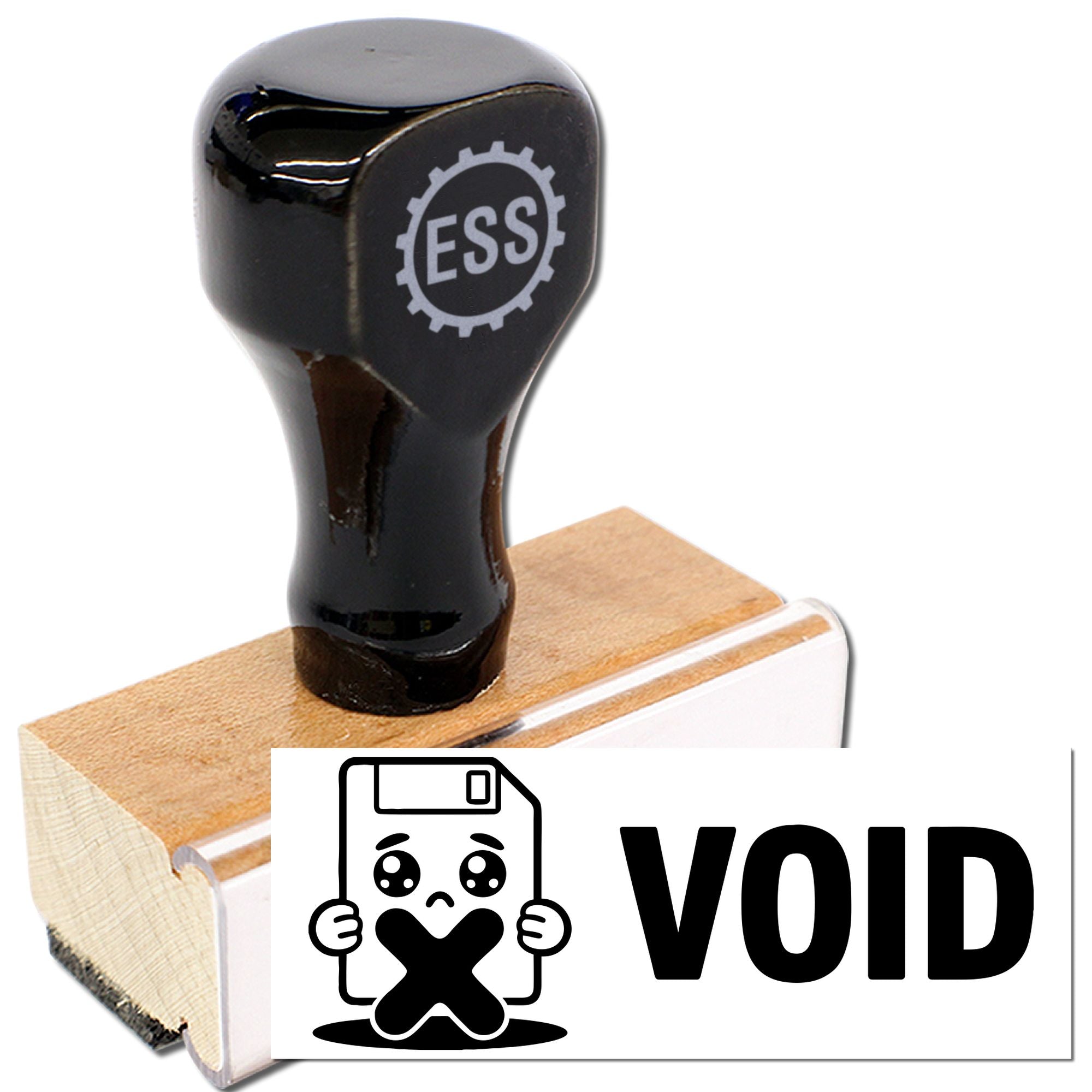 Black stamp and VOID seal block with ESS logo, on a wood base and white label.