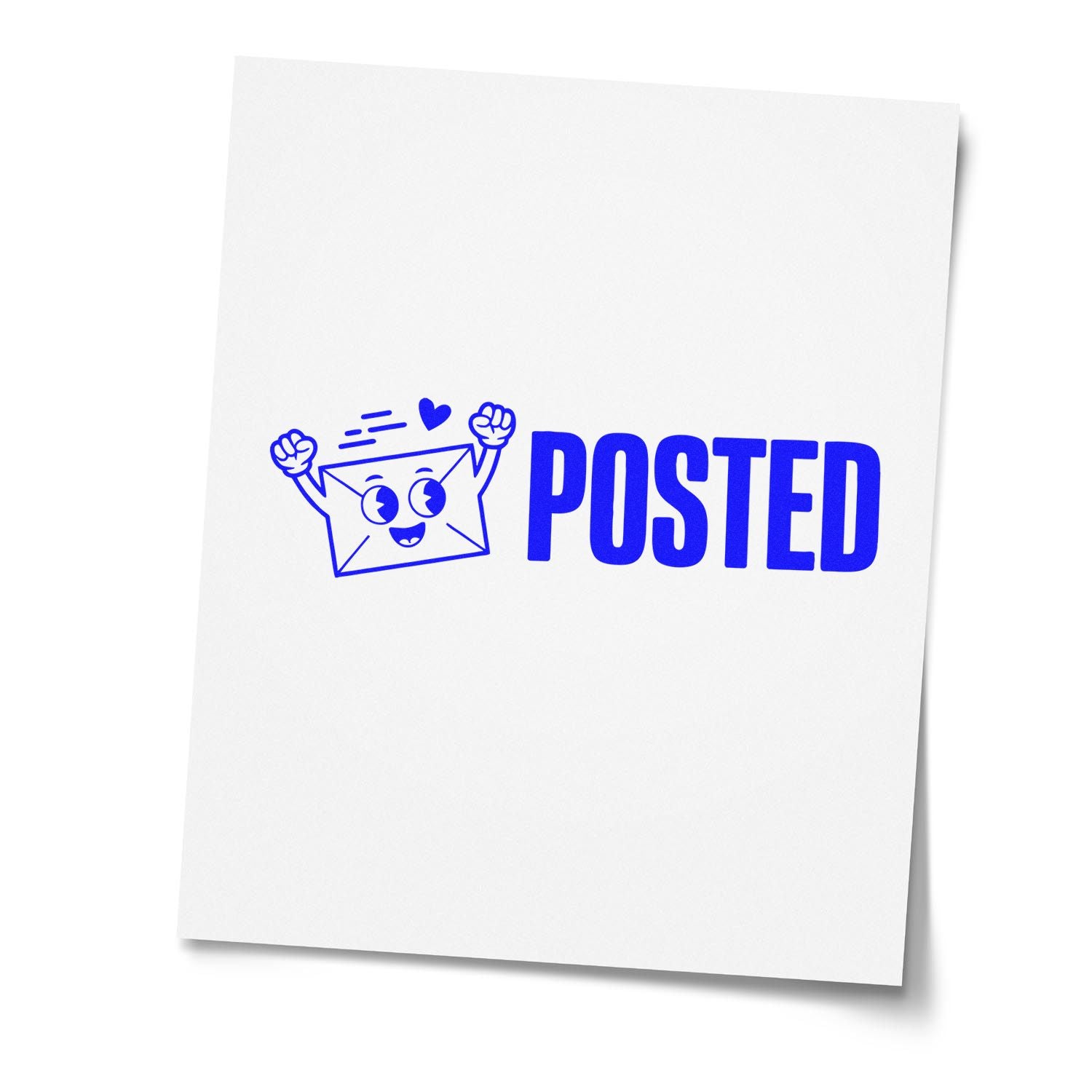 Blue POSTED stamp with smiling envelope mascot and heart on white paper seal