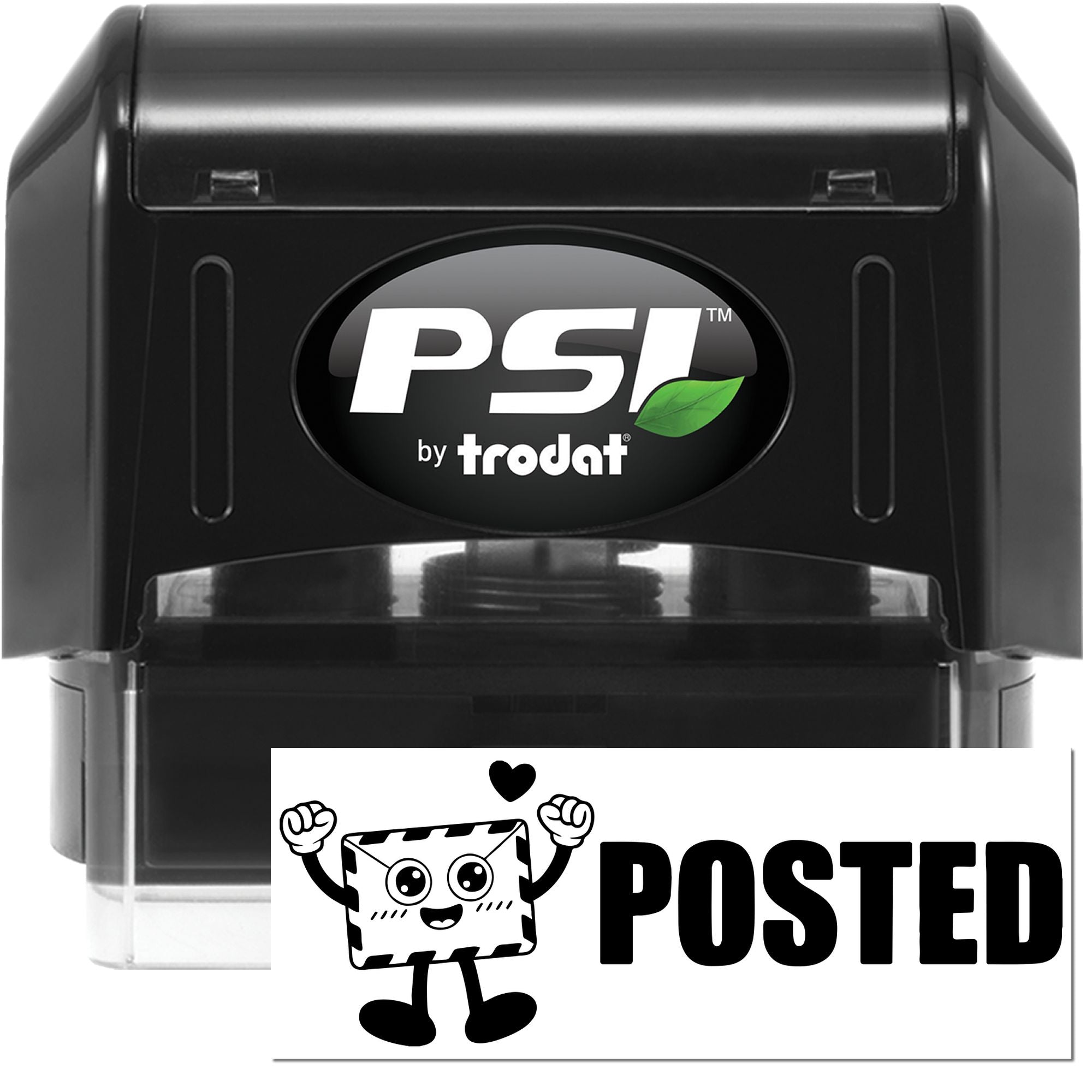 Black PSI by Trodat self-inking stamp and seal with white posted card graphic and green leaf logo.