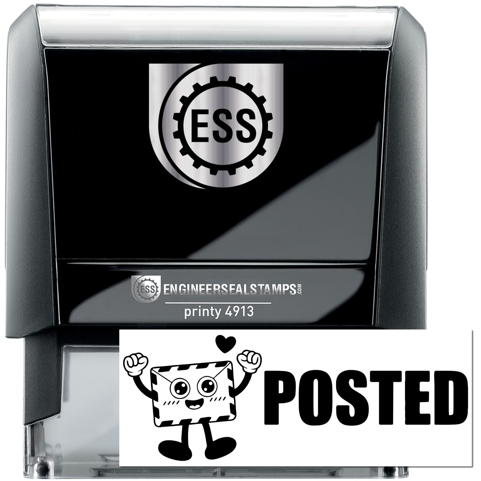 Black self-inking engineer seal stamp with silver ESS logo, clear case, and posted custom stamp insert.