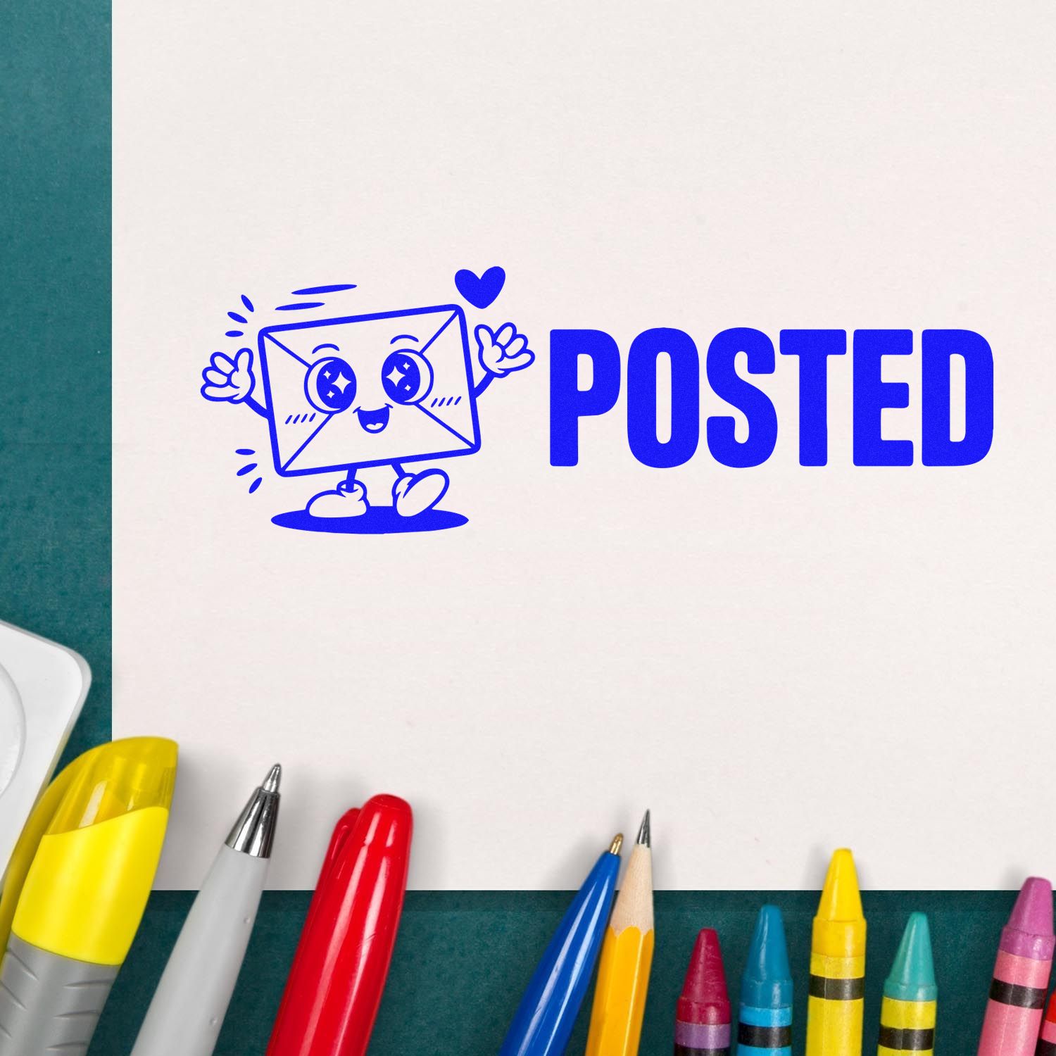 Blue POSTED rubber stamp seal with cute envelope character, surrounded by colorful pens on white paper.
