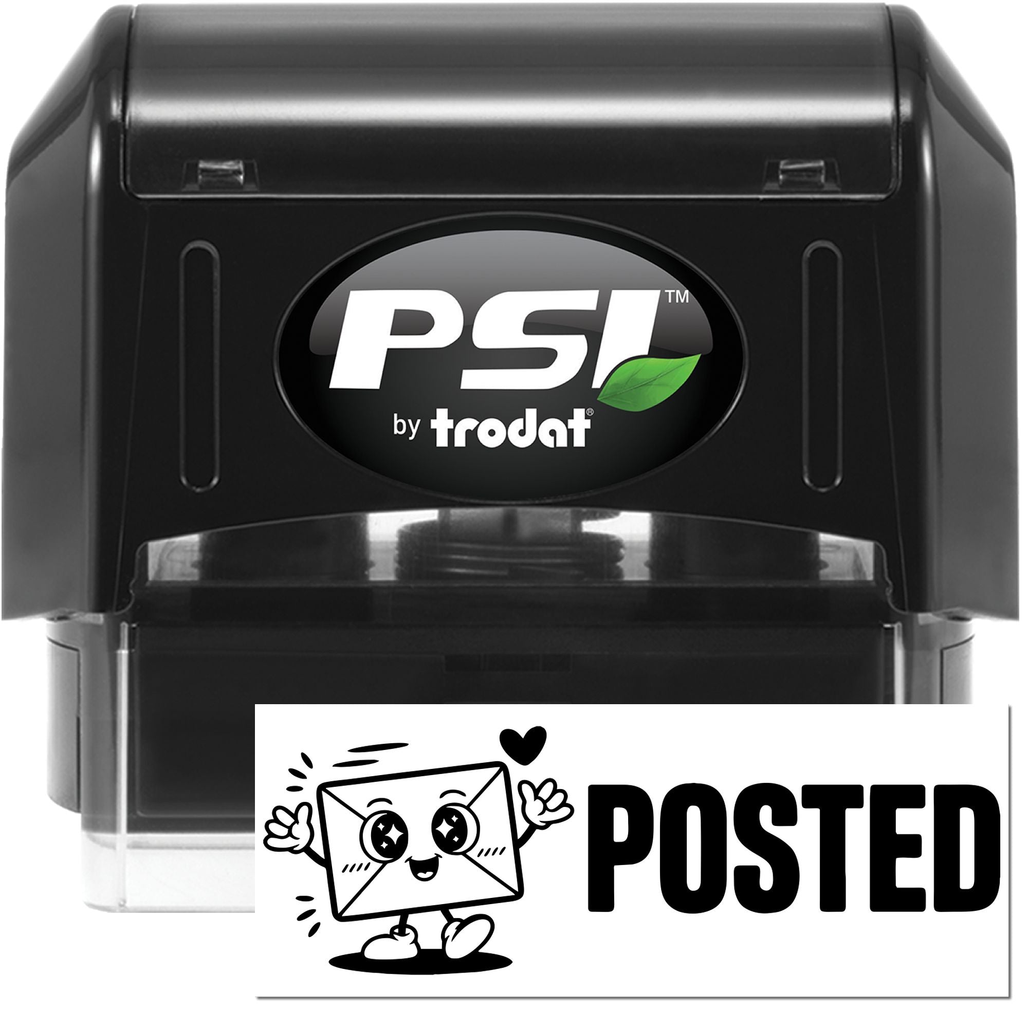 Black PSI by Trodat self-inking stamp and seal with clear base, shown beside a white POSTED stamp design.