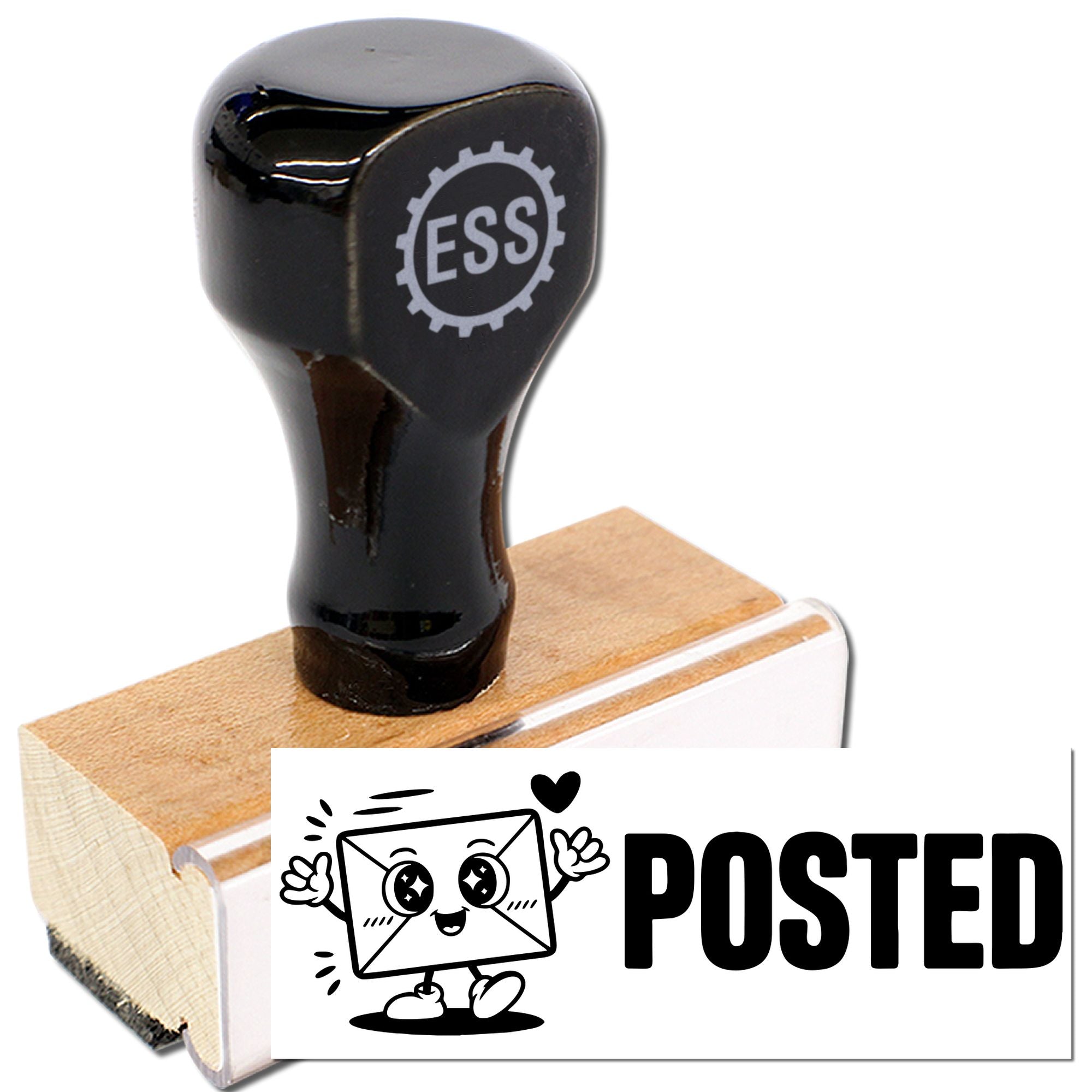 Black rubber stamp seal with wooden base, ESS logo, and white POSTED imprint with cartoon envelope.