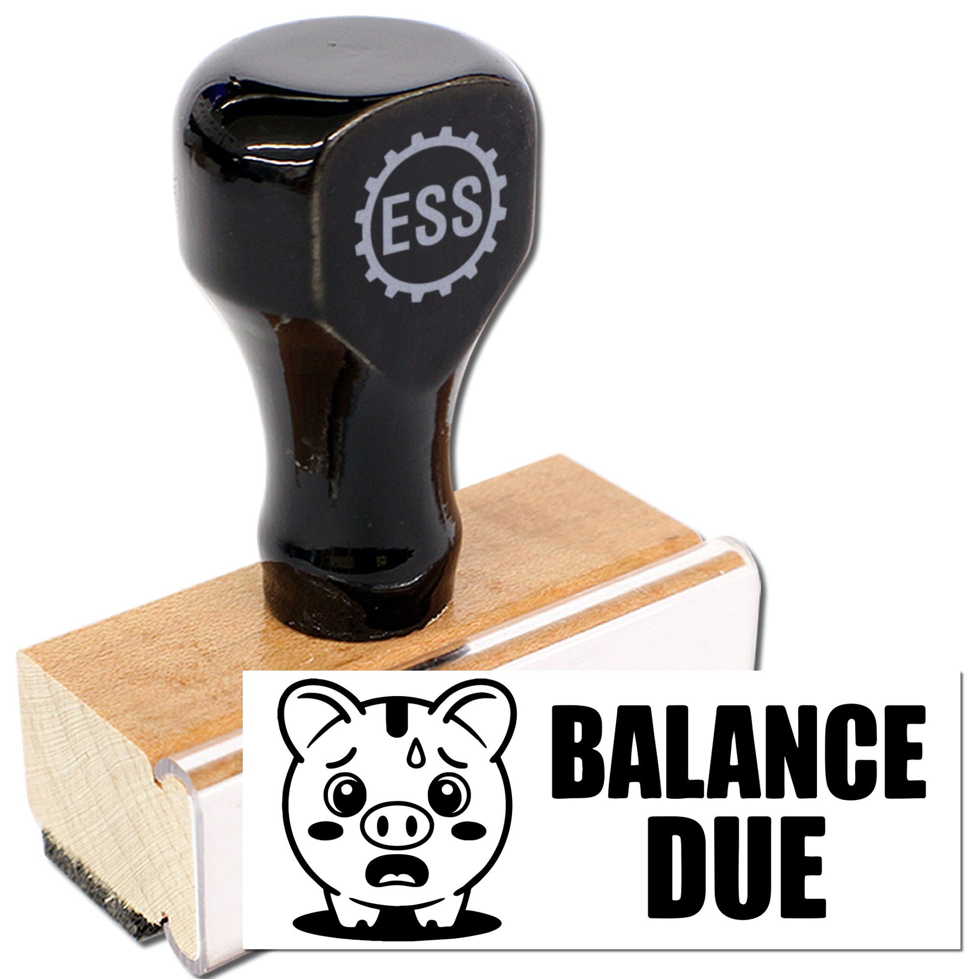 Black rubber stamp and seal set with ESS logo and BALANCE DUE pig design on a wooden block