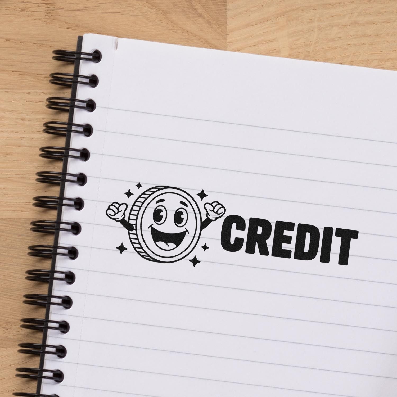 Black credit stamp and seal with smiling coin icon on a white lined spiral notebook.
