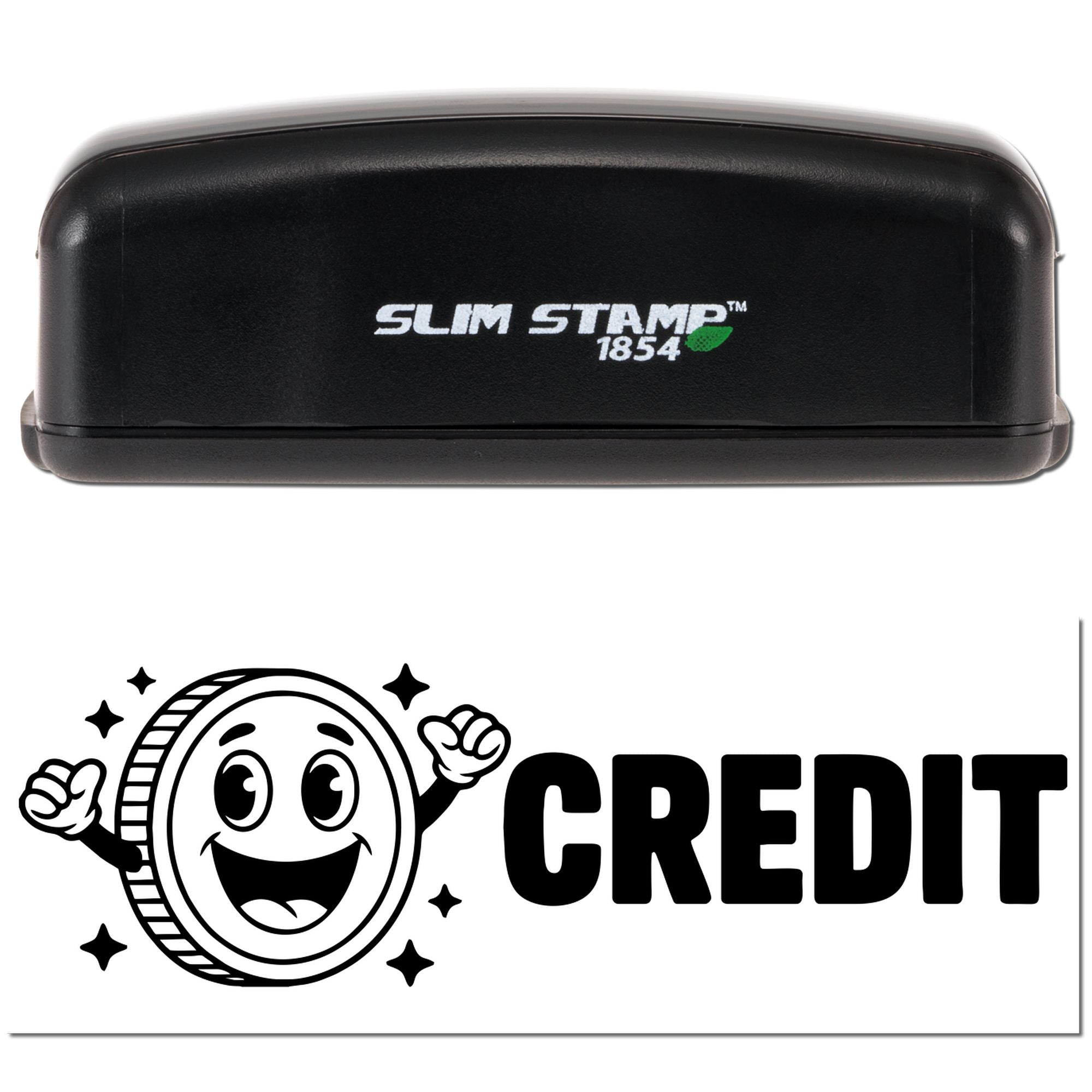 Black Slim Stamp 1854 stamp case above a black CREDIT seal logo with smiling coin icon on white background.