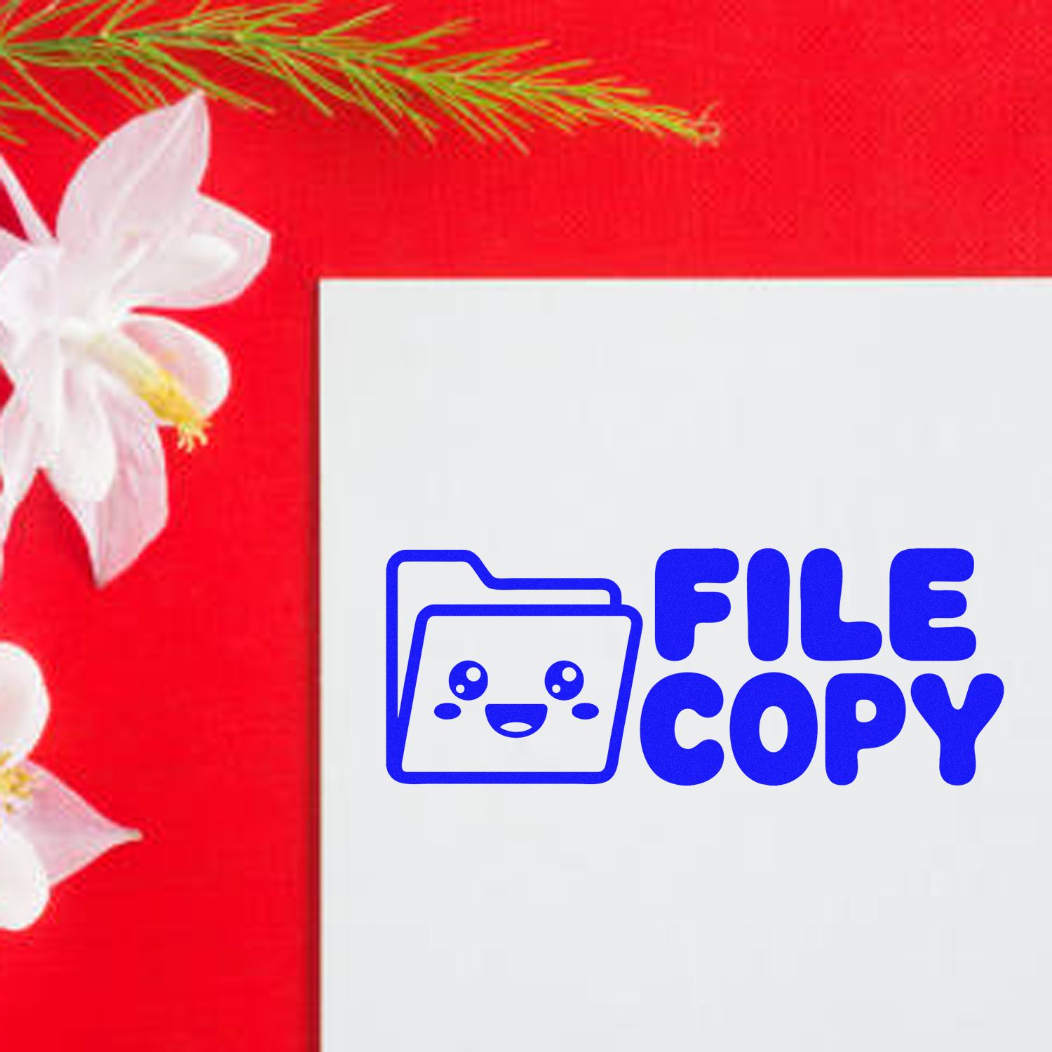 Blue FILE COPY stamp and seal logo on a white card, set against a bright red floral background.