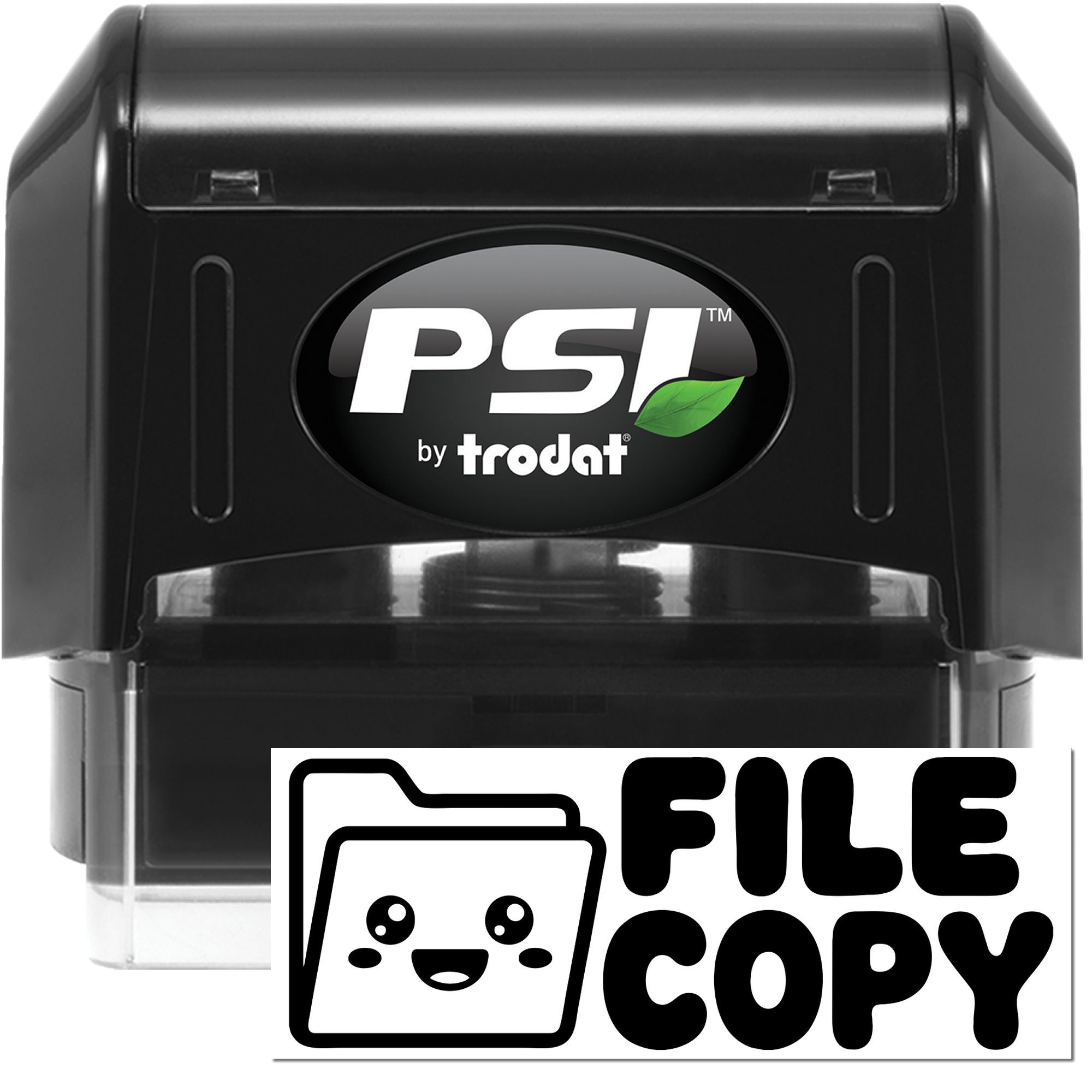 Black PSI by Trodat self-inking file copy stamp and seal with clear base and white lettering.