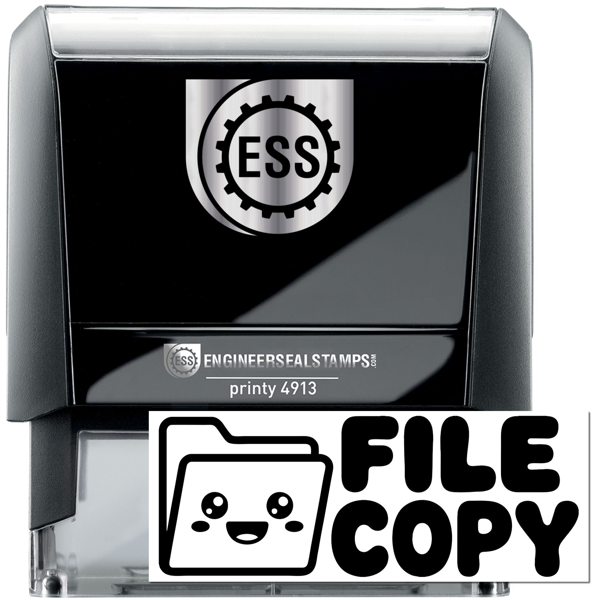 Black and silver ESS engineers seal stamp with FILE COPY label and Printy 4913 branding