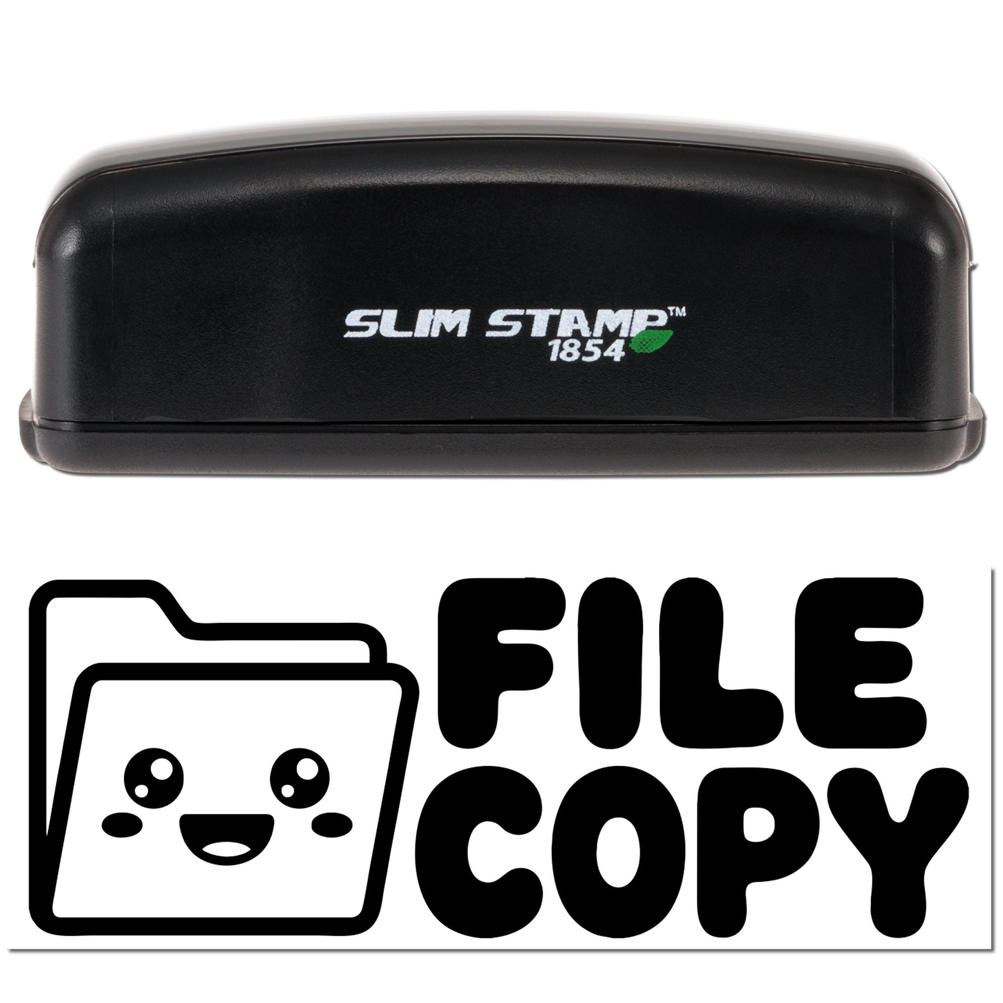 Black Slim Stamp 1854 self-inking stamp with a black File Copy seal icon on a white background.