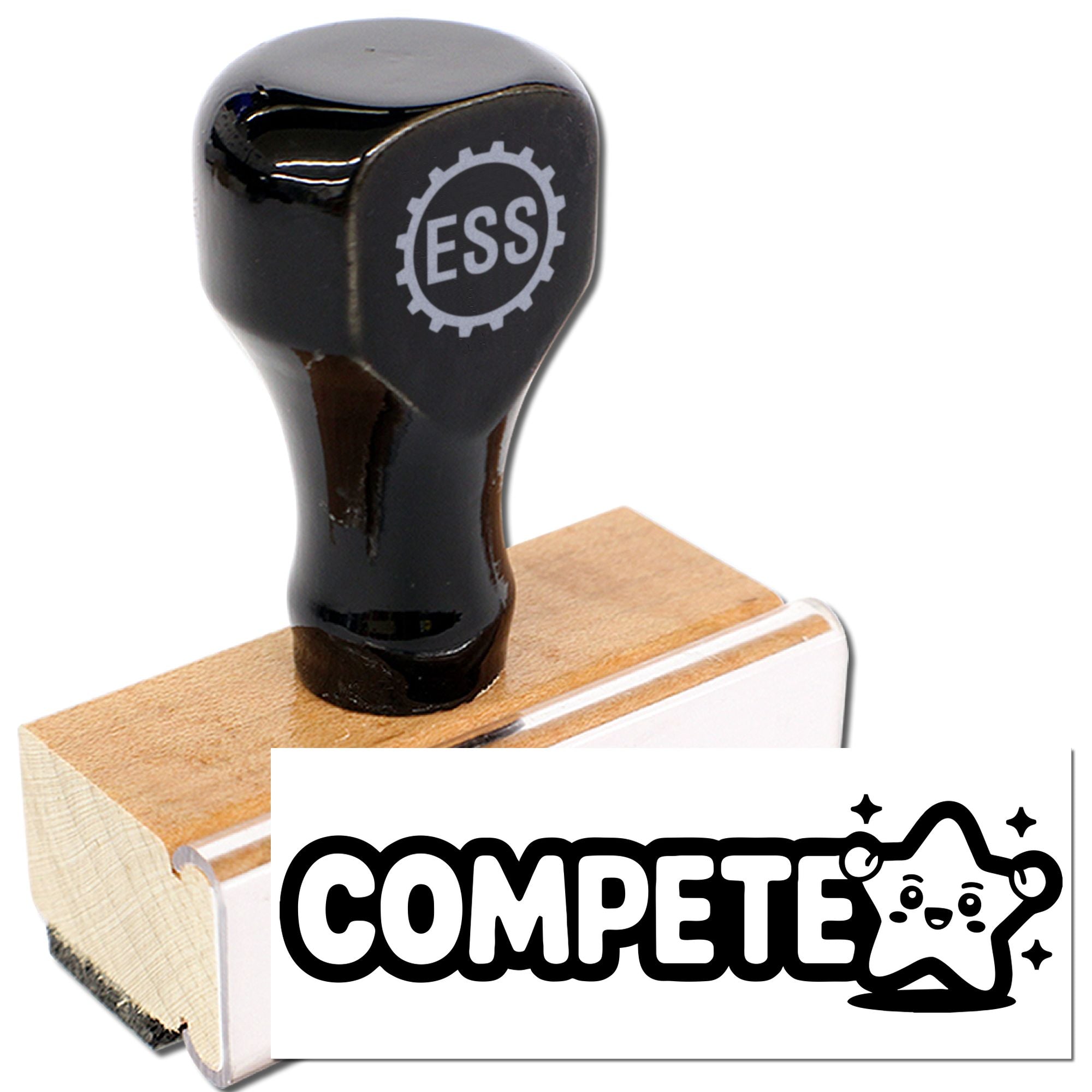 Black ESS self-inking stamp on a wooden base with a white COMPETE seal graphic and logo