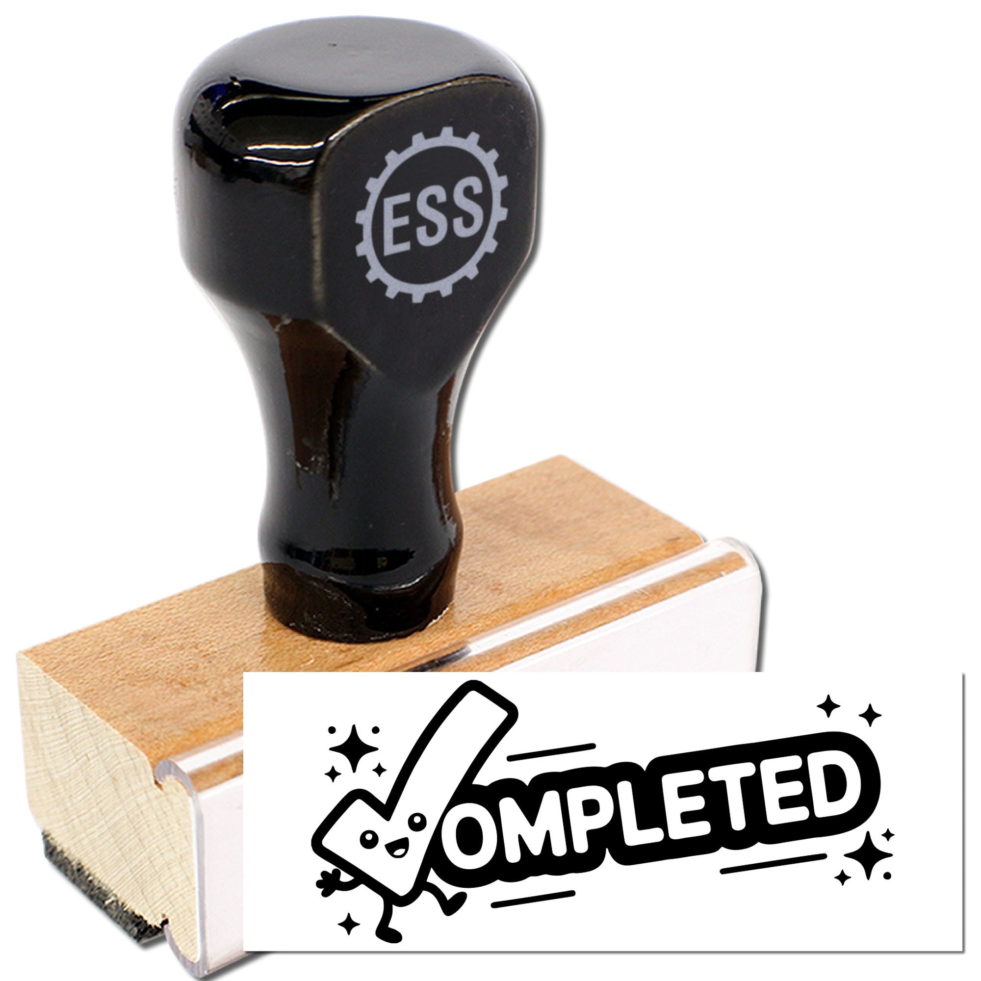 Black ESS rubber stamp with wooden handle and completed seal design on white background.