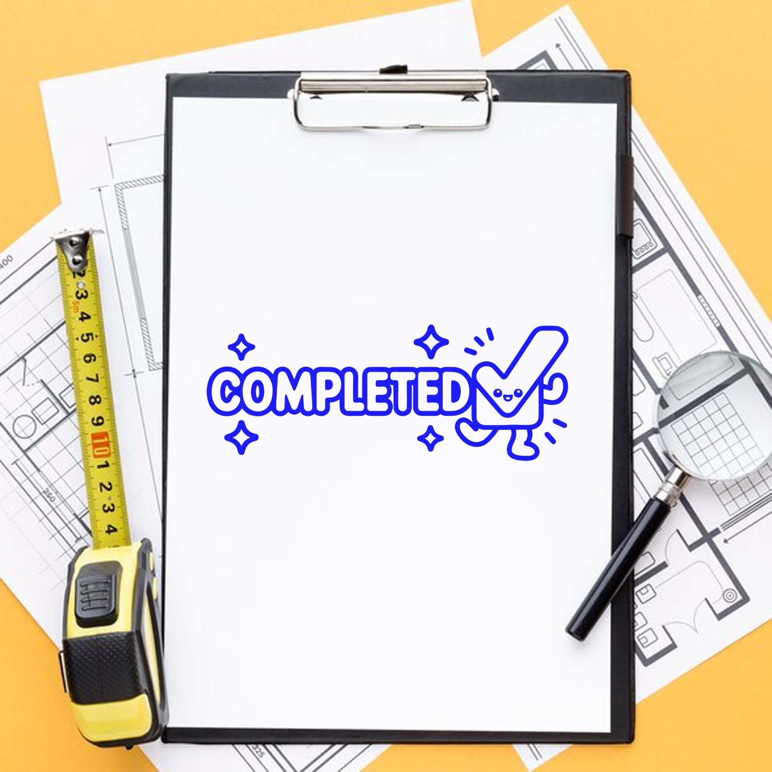 Blue COMPLETED stamp seal on clipboard, with yellow tape measure, pencil, and blueprint papers on an orange background.