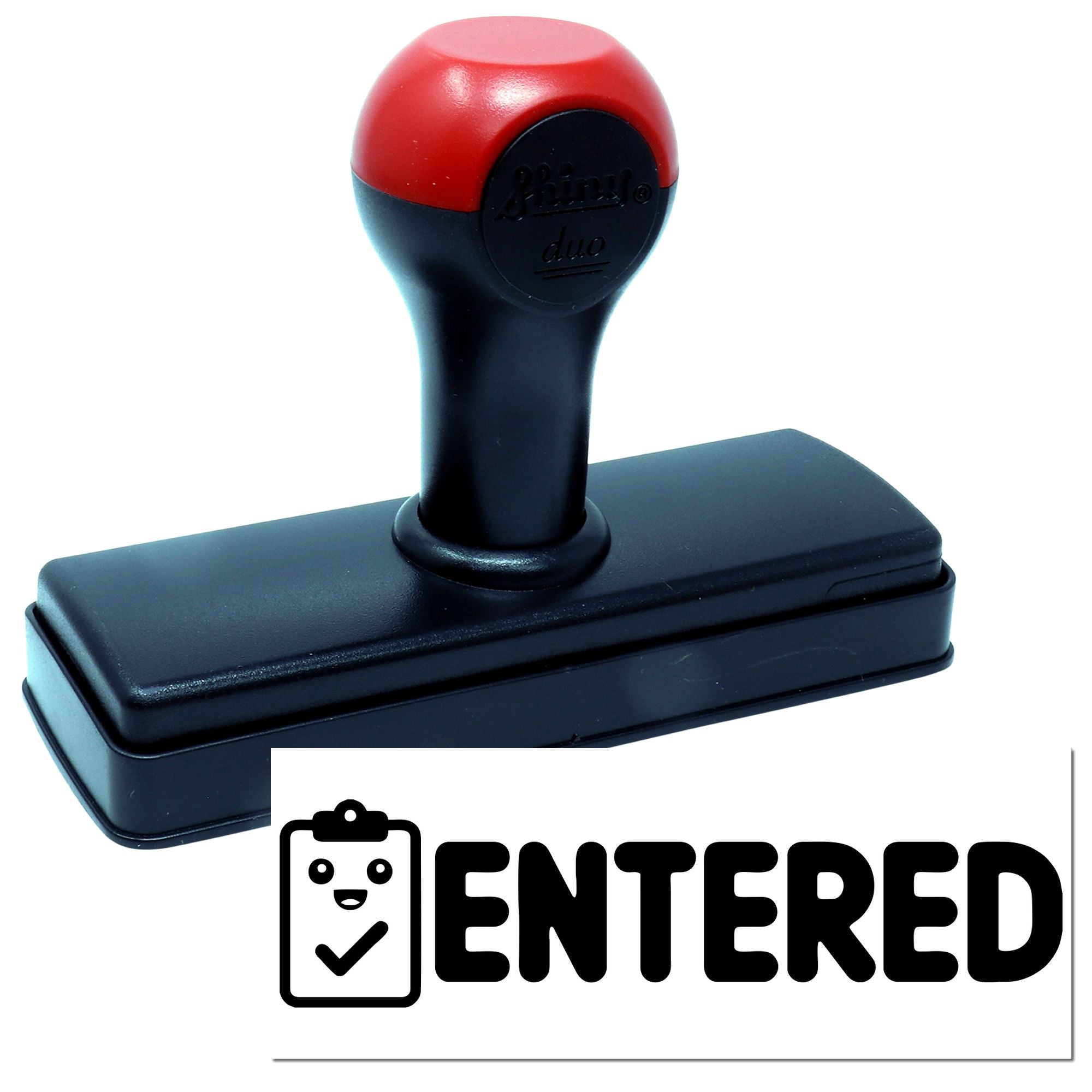 Red and black self-inking stamp and seal with rectangular base and ENTERED logo on white background.