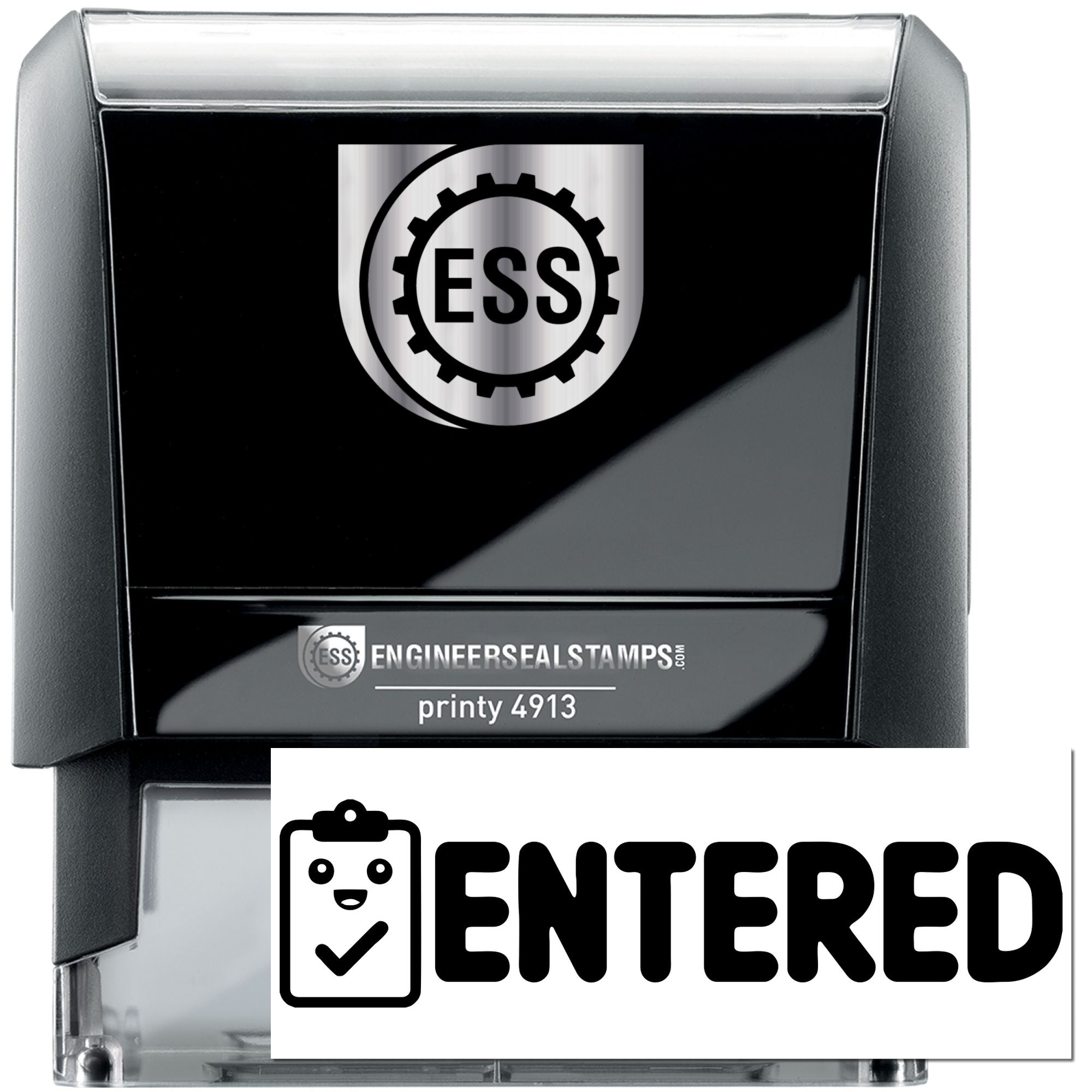 Black self-inking engineer seal stamp with ESS logo, ENTERED text, and silver-gray casing.