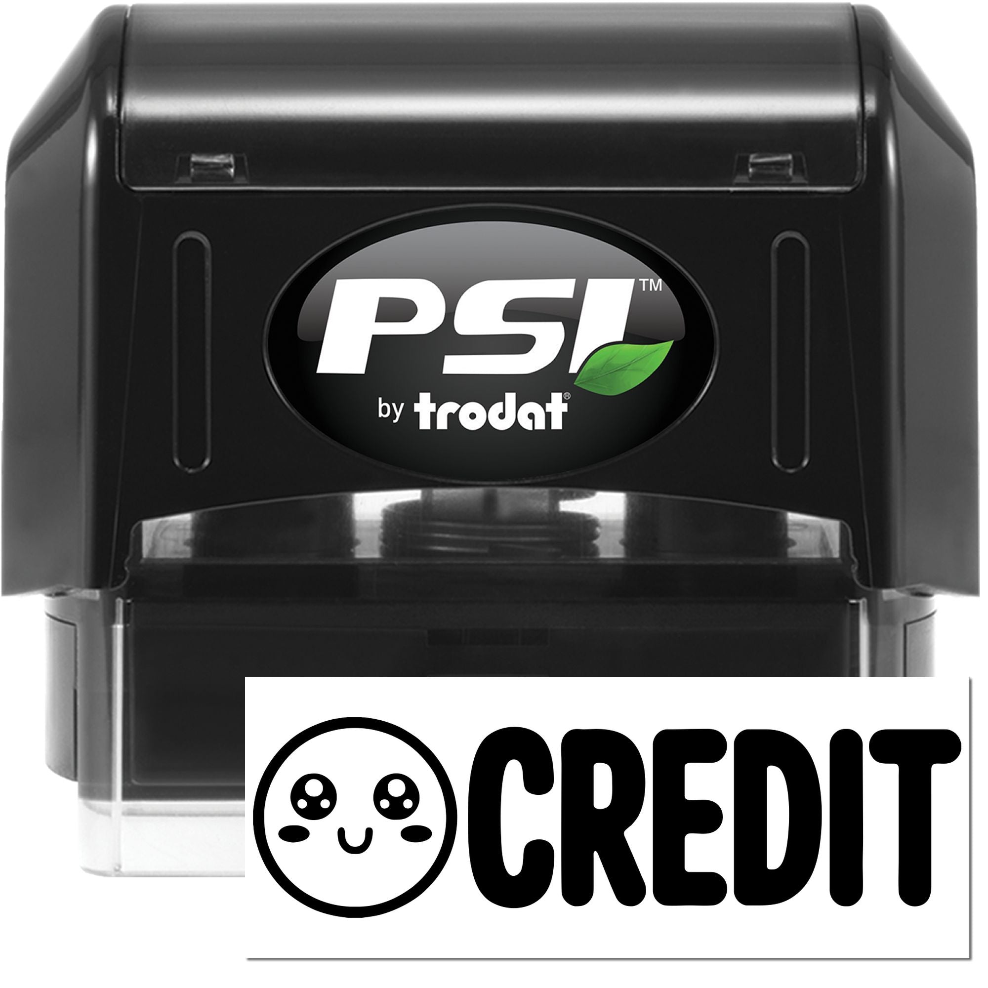 Black PSI by Trodat self-inking stamp and CREDIT seal, with green leaf logo and clear plastic case