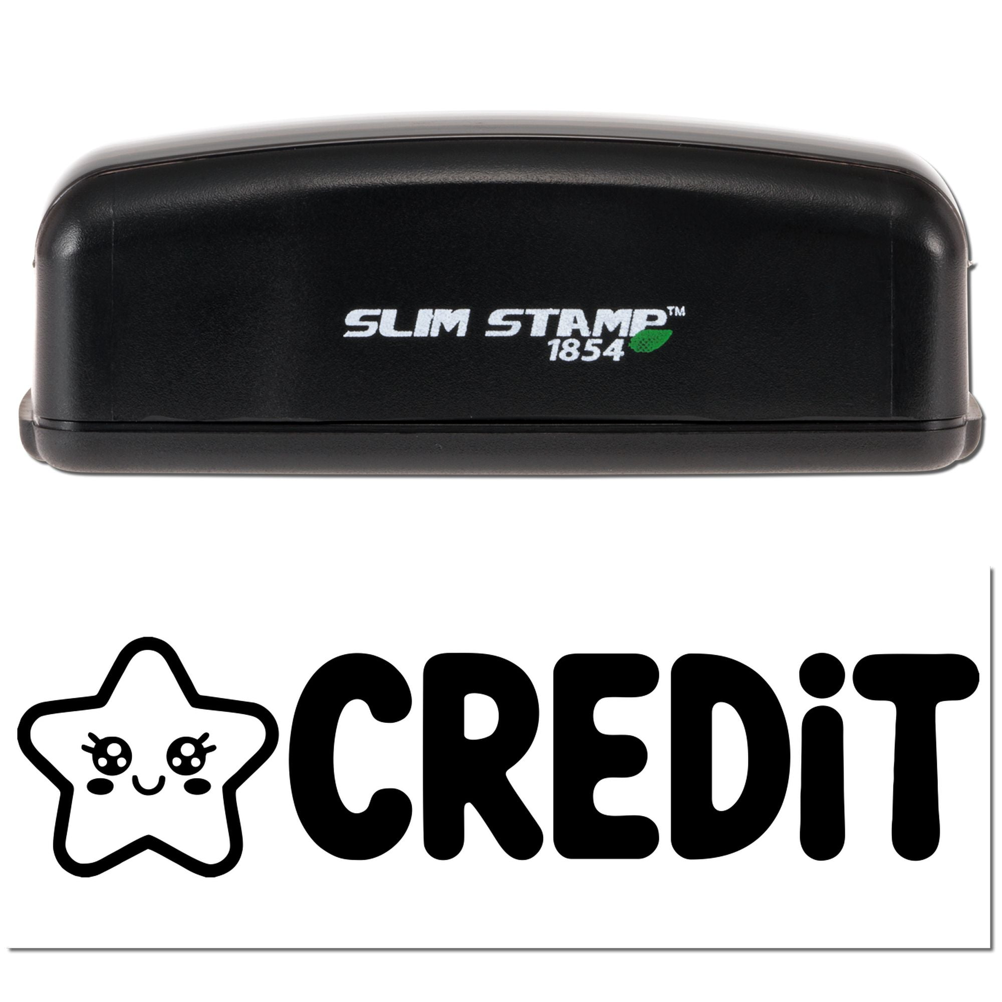 Black Slim Stamp 1854 self-inking stamp case with white logo and CREDIT seal branding.