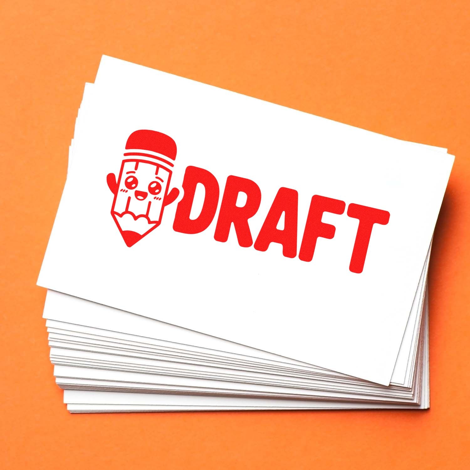 Red draft stamp and seal logo on stacked white cards over an orange background.