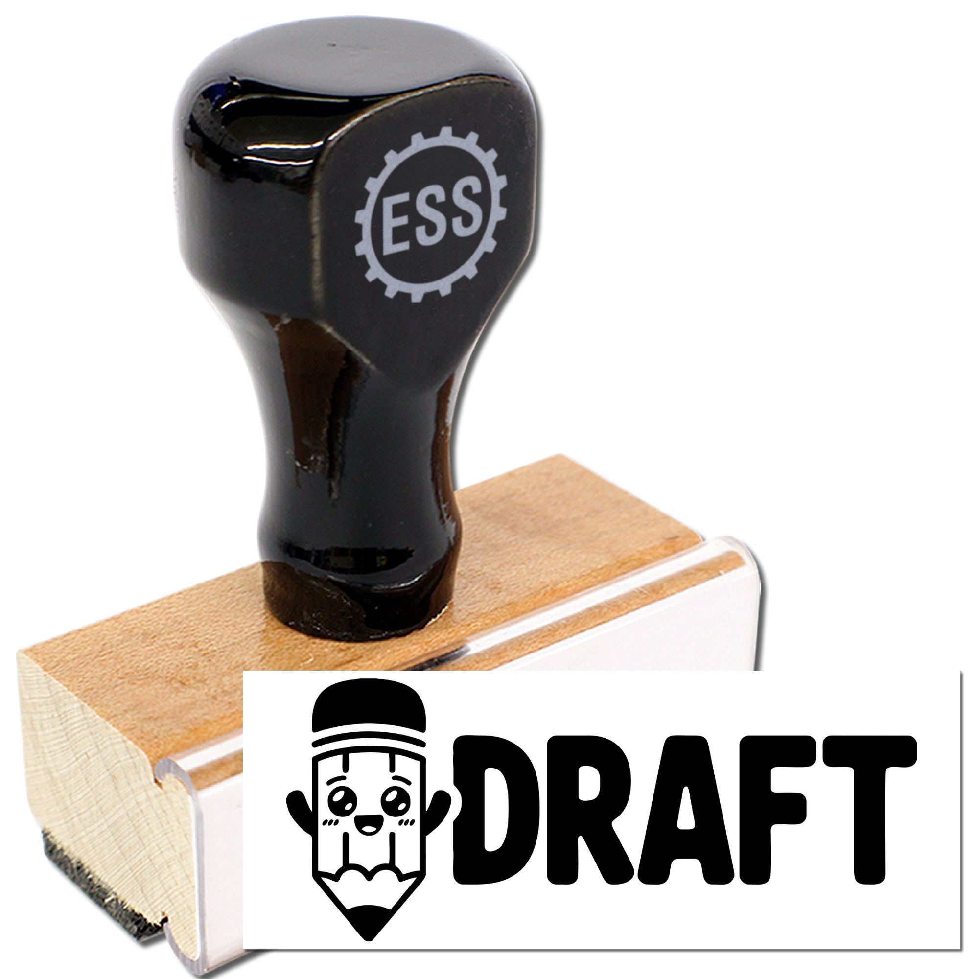 Black stamp and seal product with ESS logo on a wooden handle, shown with DRAFT branding on a white background.