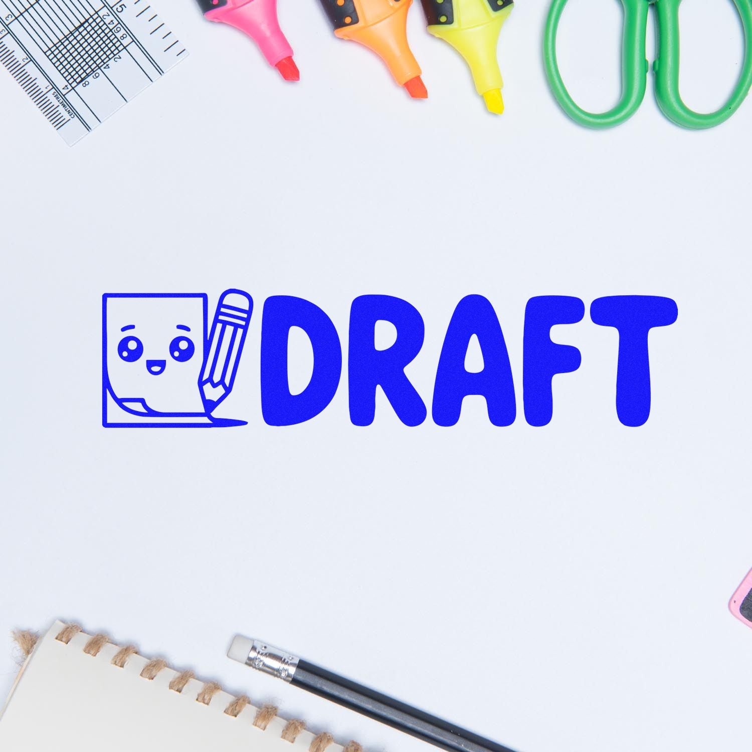 Blue DRAFT stamp and seal design with cute pencil icon, surrounded by colorful highlighters, scissors, ruler, notebook, and pencil.