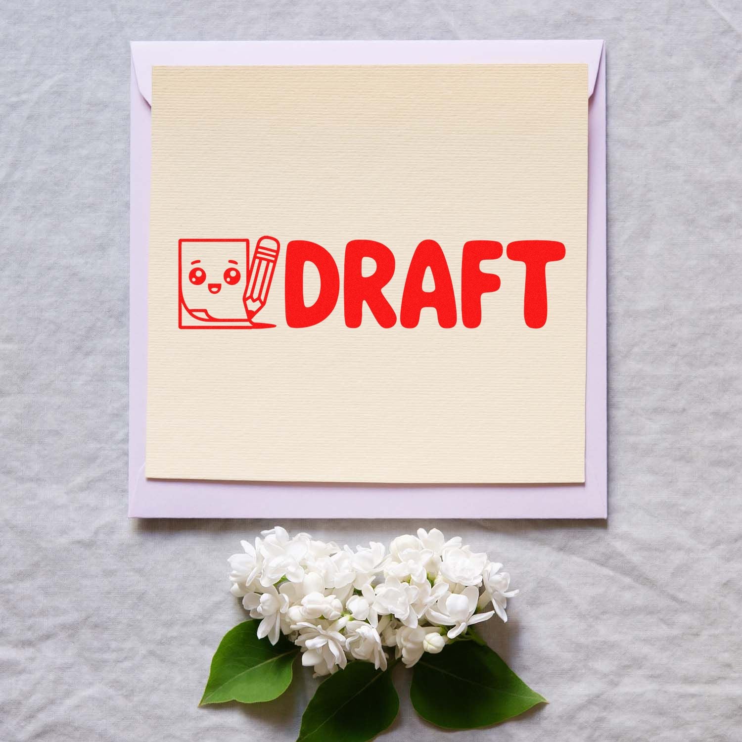 Red DRAFT stamp and seal on cream card with a cute pencil icon, set on a pale lilac envelope with white flowers below.