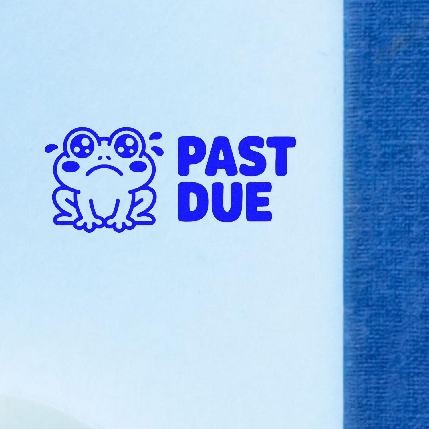 Blue PAST DUE stamp seal with a sad frog icon on light paper, beside a textured navy edge.