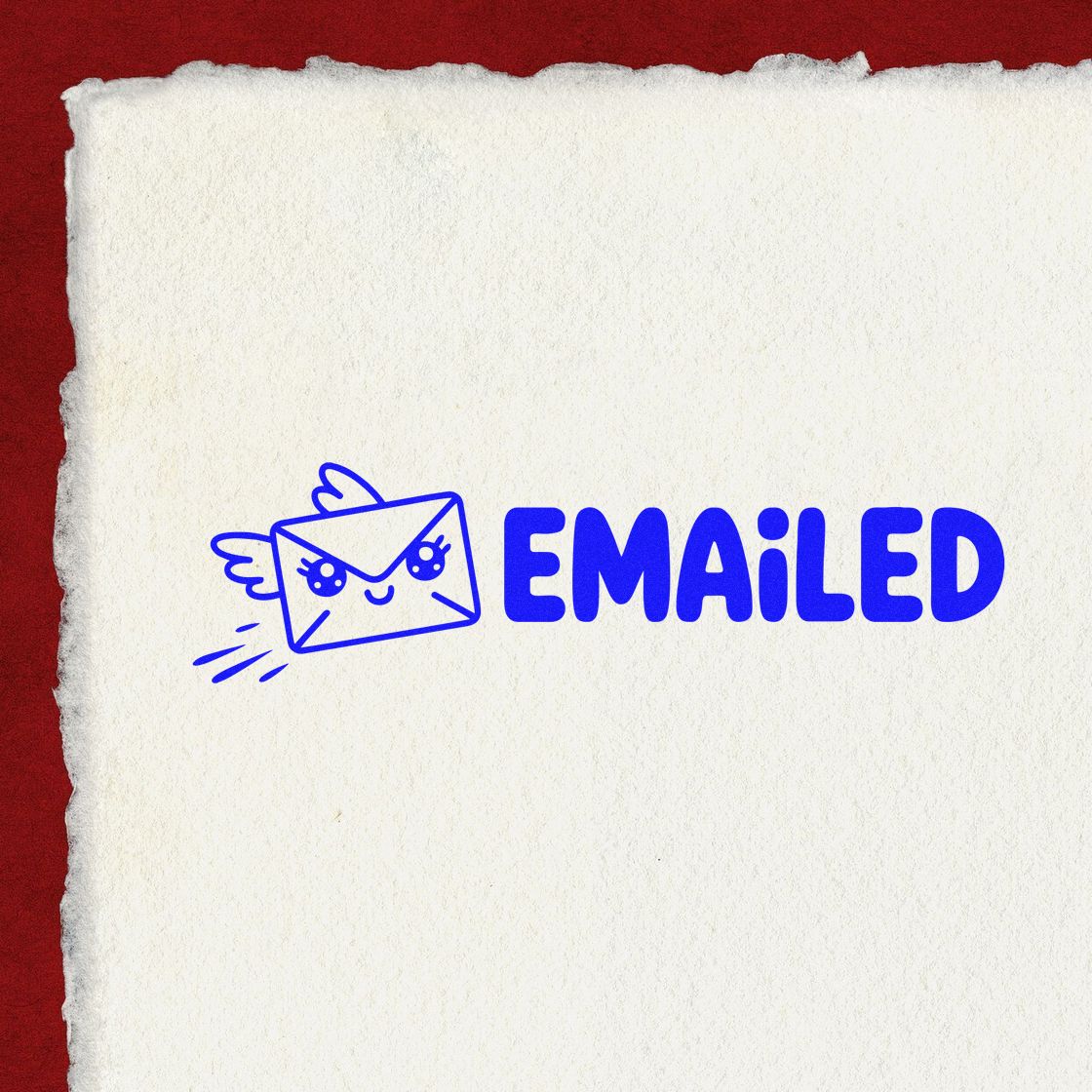 Blue emailed stamp and seal with smiling envelope icon on textured white paper, framed by deep red background.