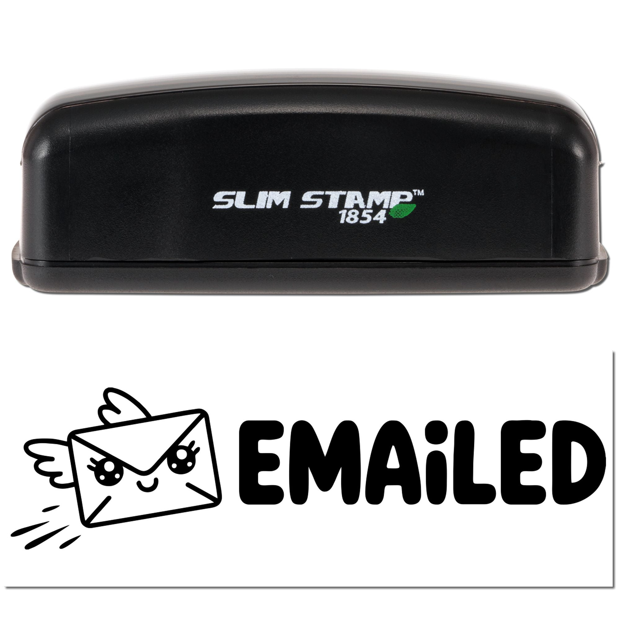 Black Slim Stamp self-inking stamp with green leaf logo above a bold EMAILED seal and envelope icon on white.