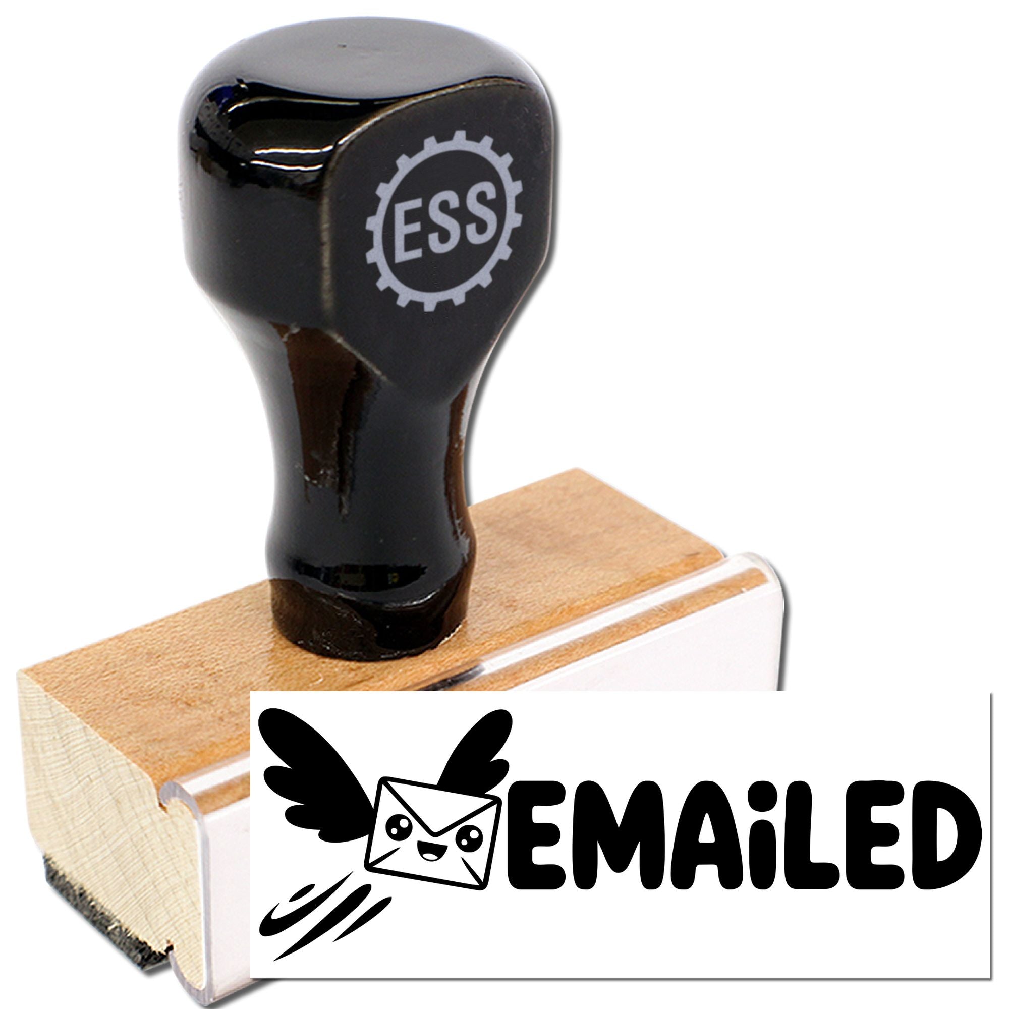 Black self-inking rubber stamp with ESS logo and EMAILED seal impression on a wooden mount