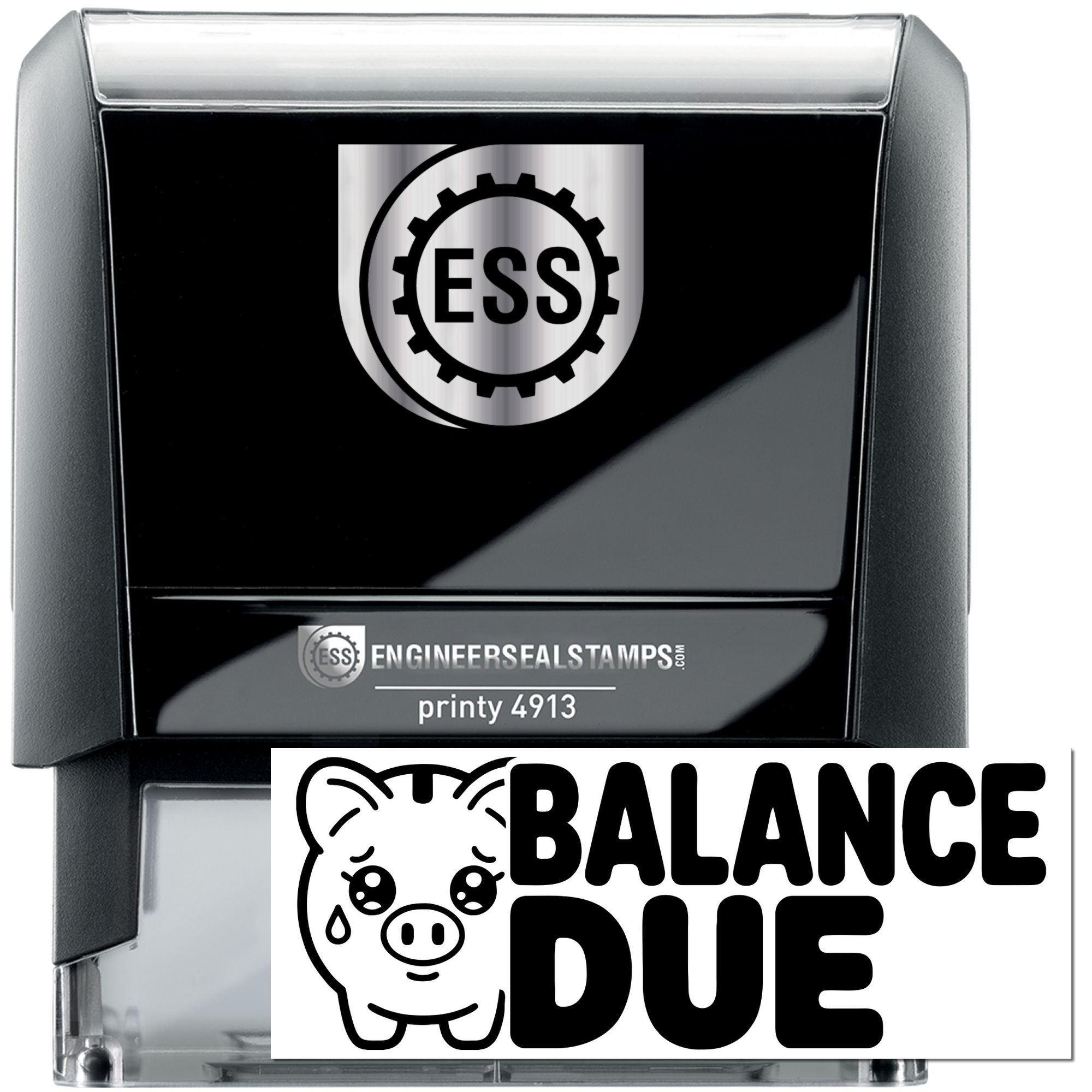 Black self-inking stamp and seal set in black and gray, with ESS logo, Printy 4913, and Balance Due design on clear case.