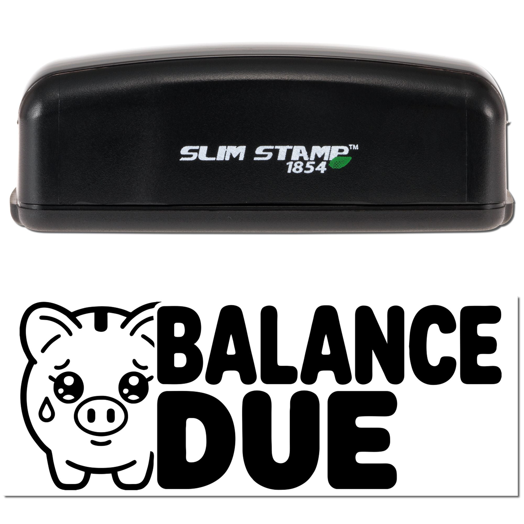 Black Slim Stamp 1854 stamp and seal set with white logo, showing a bold Balance Due pig design in black on white.