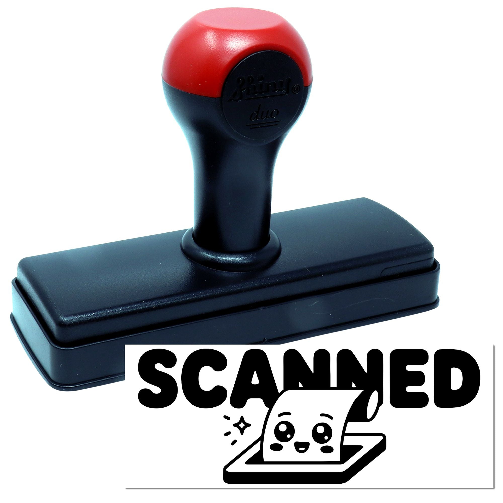 Red and black self-inking stamp and seal with rectangular base on a white background