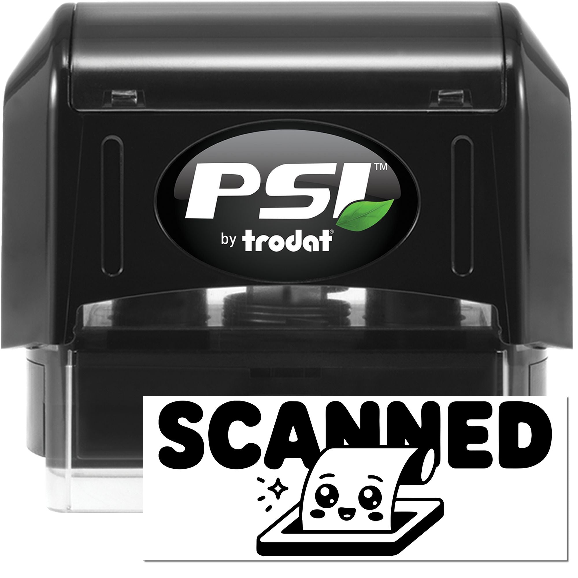 Black PSI by Trodat self-inking stamp and seal, black case with green leaf logo and SCANNED label.