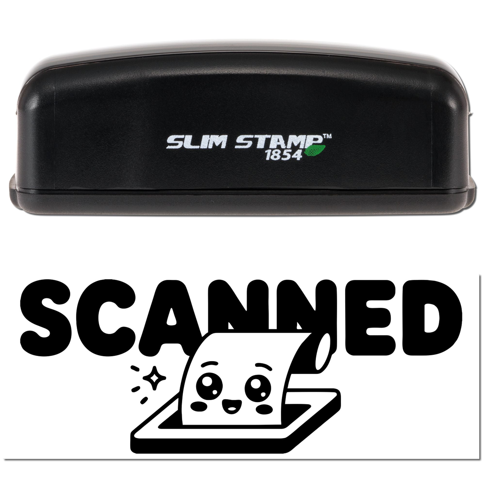 Black Slim Stamp 1854 self-inking stamp with green logo above bold SCANNED seal graphic