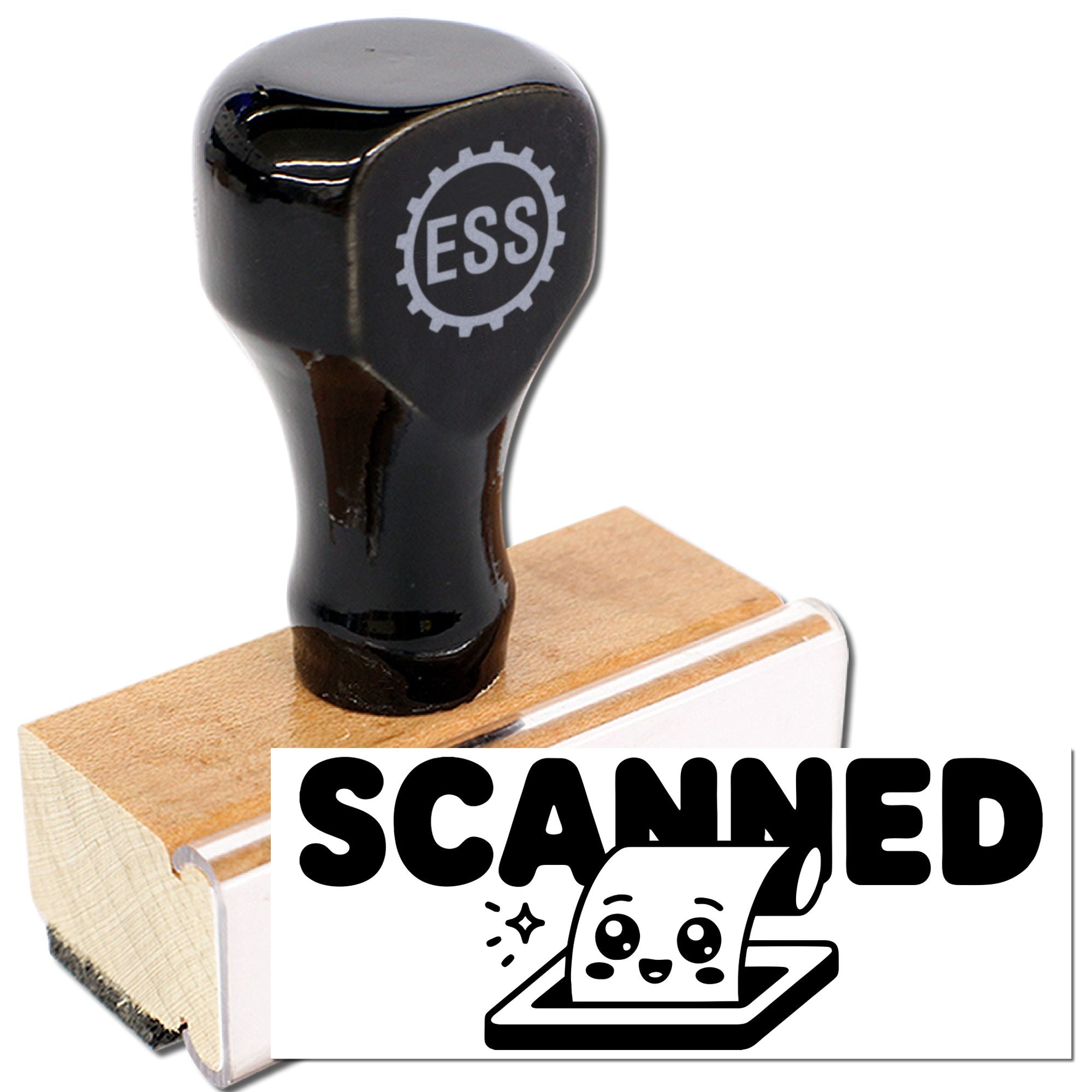 Black ESS rubber stamp and seal on a wooden base, with SCANNED imprint and white label.
