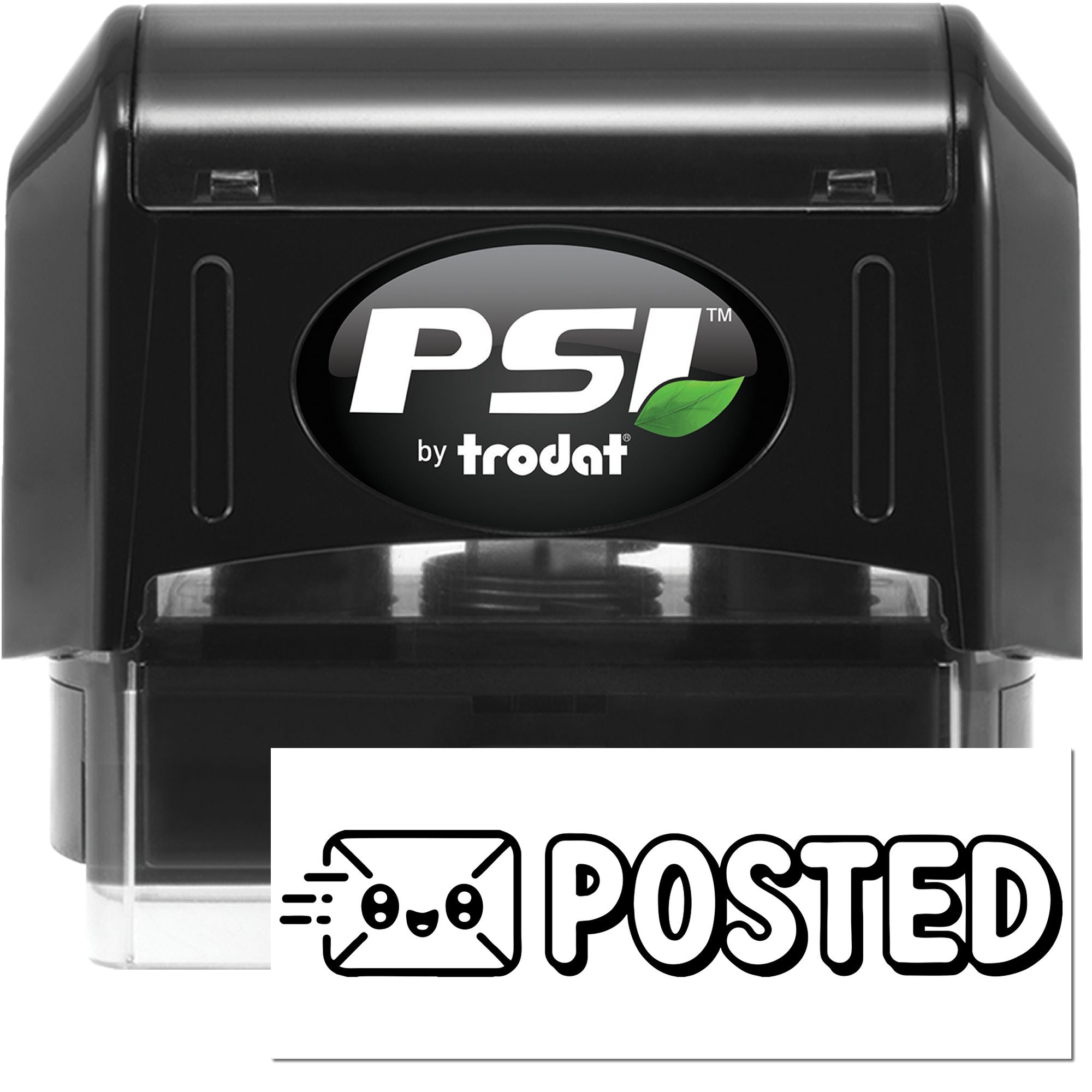 Black PSI by Trodat self-inking stamp and seal with green leaf logo, clear base, and POSTED label