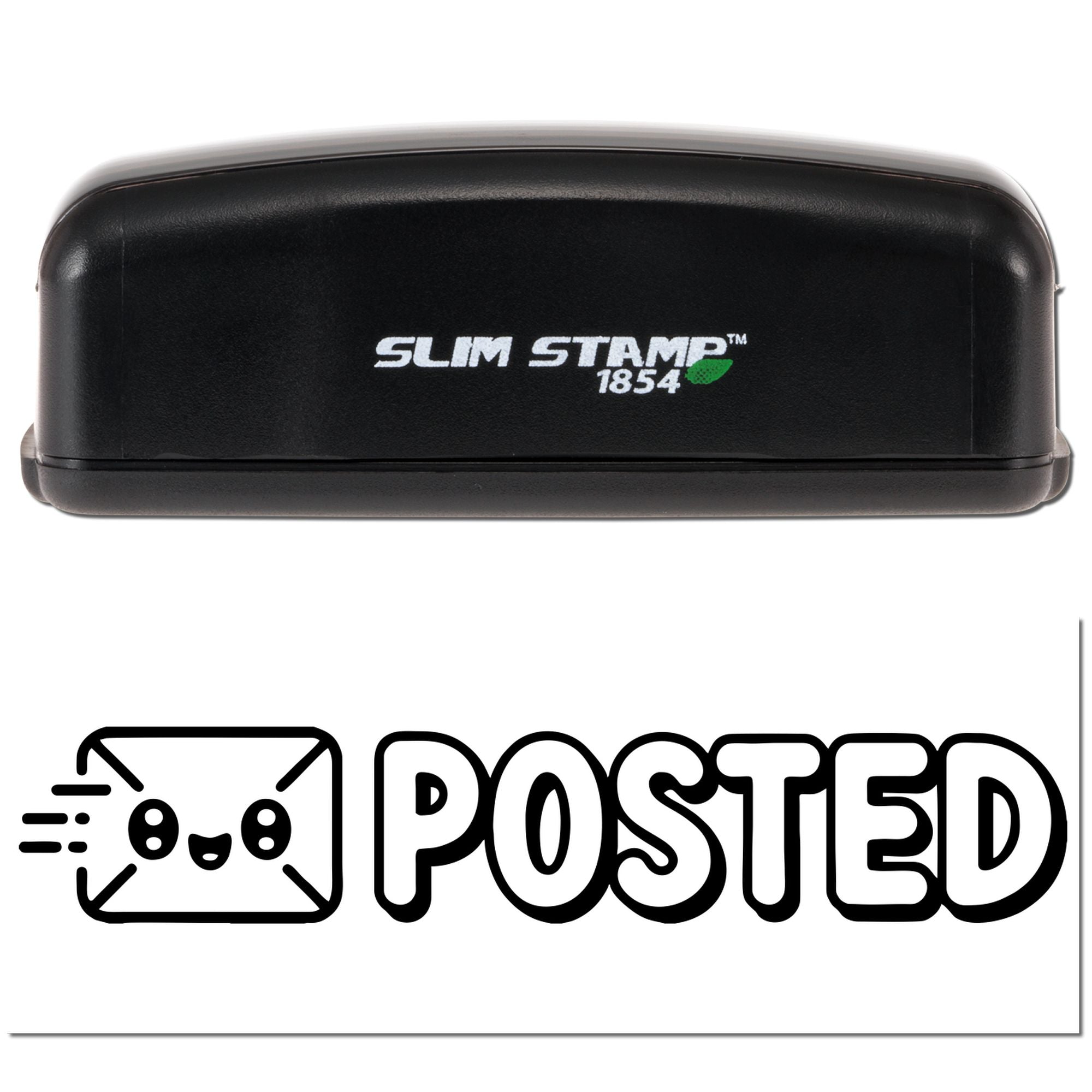 Black Slim Stamp 1854 self-inking stamp case with posted mail seal graphic on a white background.