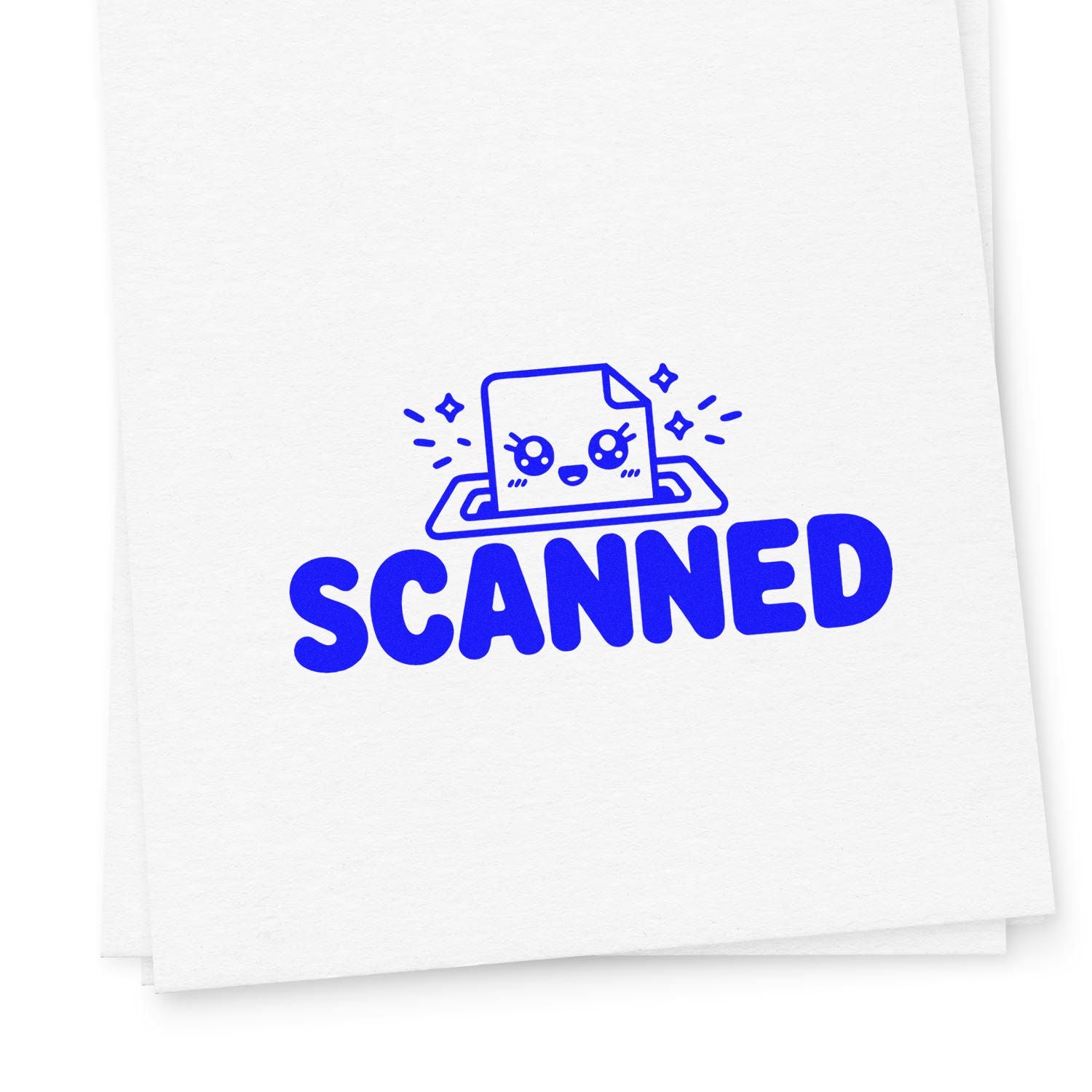 Blue SCANNED stamp seal with cute paper icon and sparkles on white paper