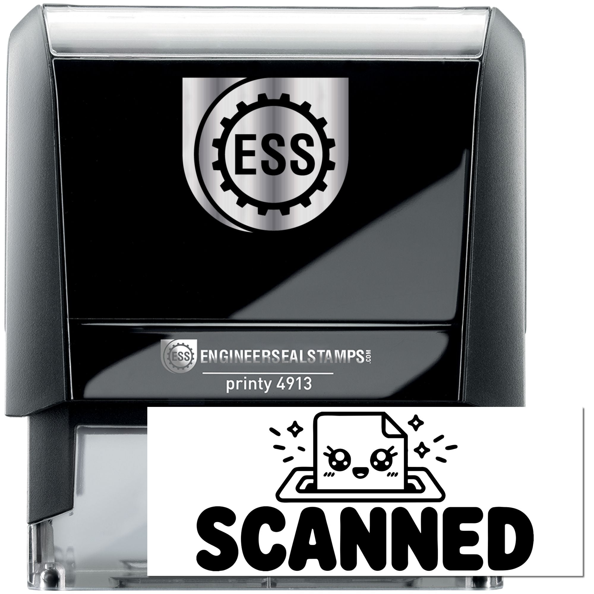 Black self-inking ESS engineer seal stamp with silver top, Printy 4913, and SCANNED label