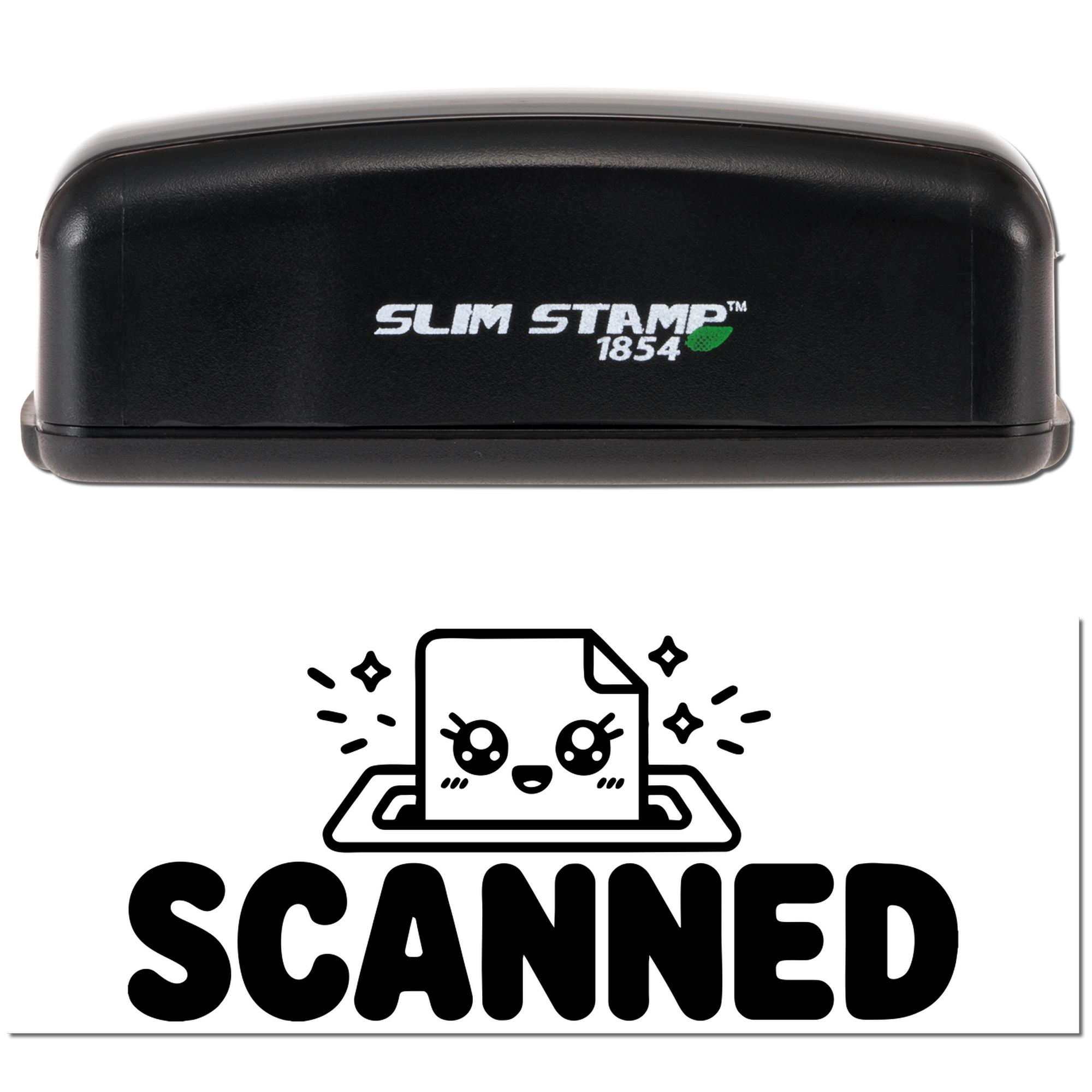 Black Slim Stamp 1854 self-inking stamp and bold SCANNED seal graphic with a cute document icon.