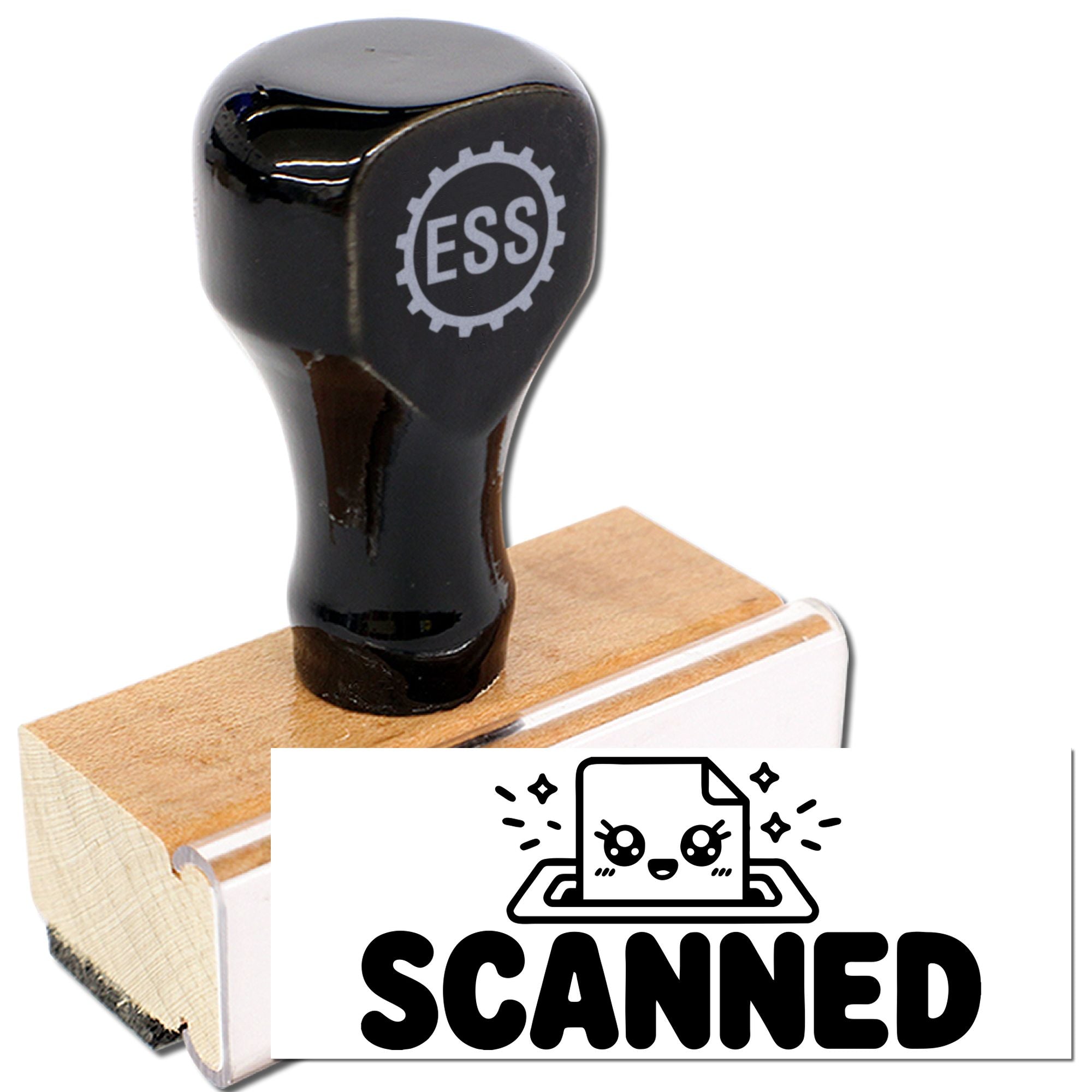 Black ESS rubber stamp seal on a wooden base with a white SCANNED label graphic