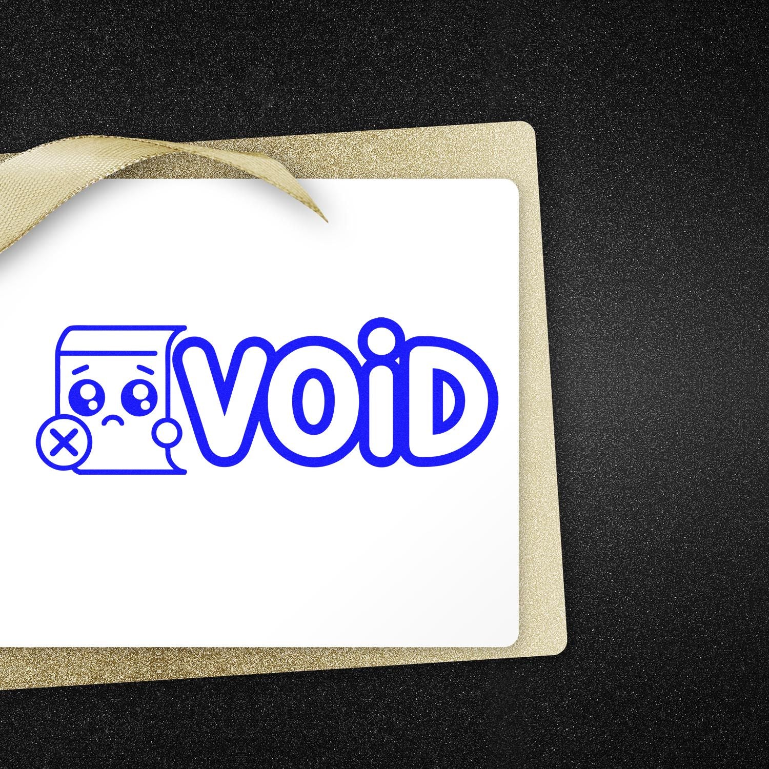Blue VOID stamp with sad paper icon on white card, framed by gold ribbon and glittery gold seal on black background.