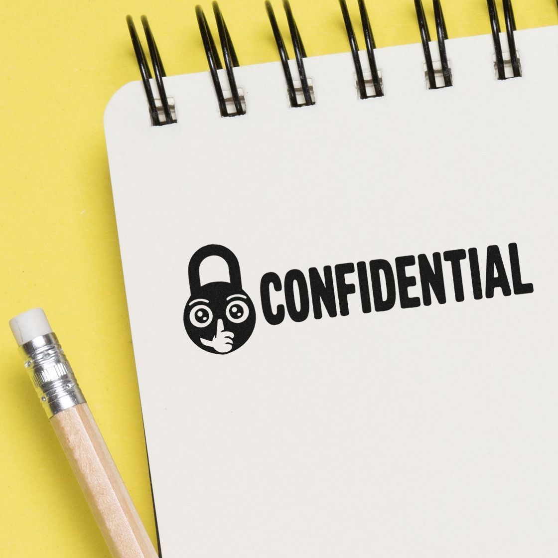 Black confidential stamp seal on a white spiral notebook, with a yellow background and pencil.