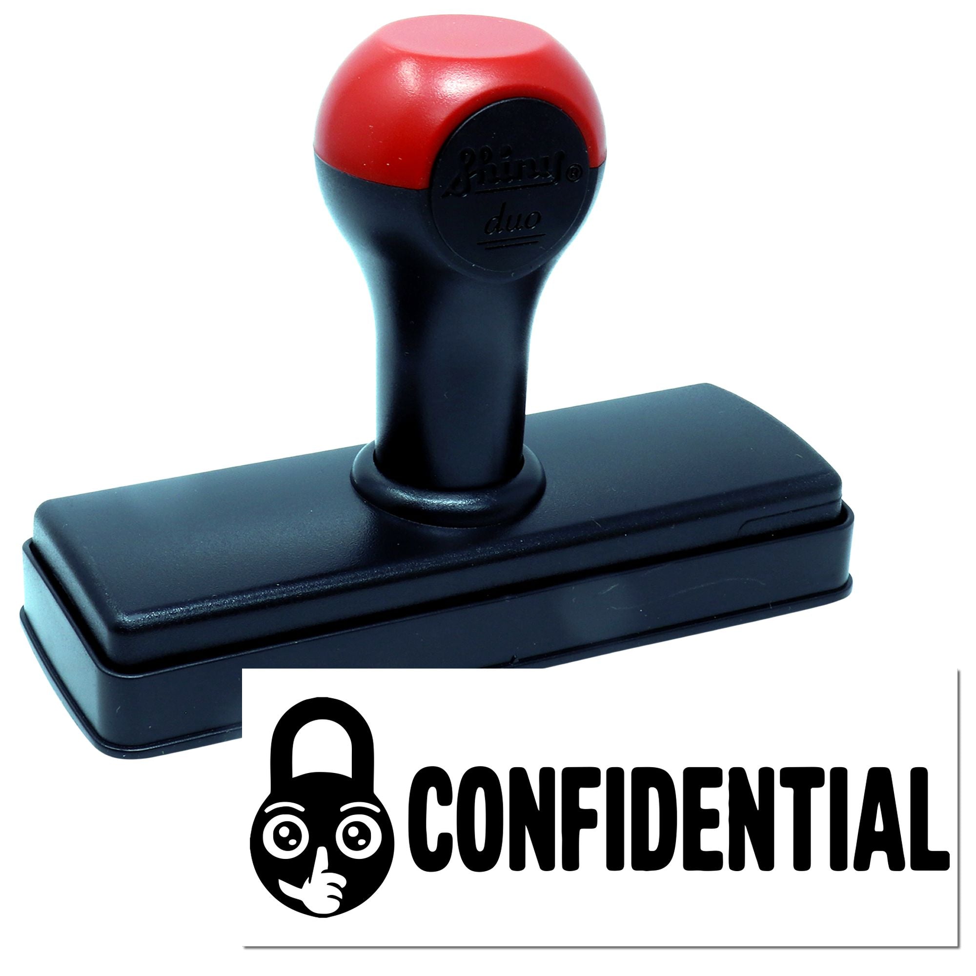 Red and black self-inking confidentiality stamp and seal with black base and bold CONFIDENTIAL imprint