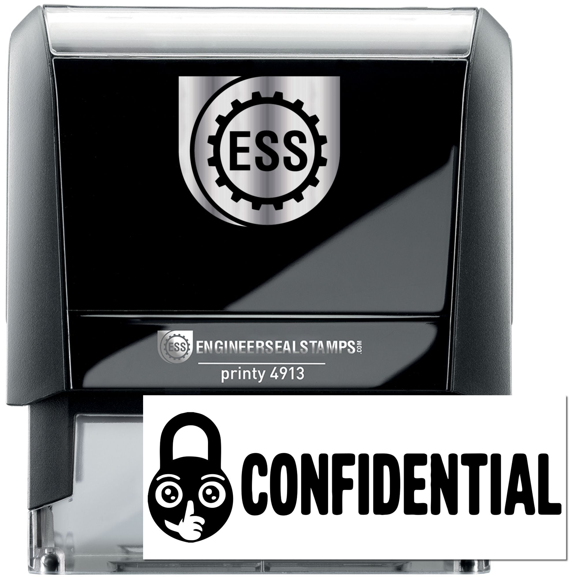 Black self-inking confidential stamp and seal with ESS gear logo, gray case, and bold white lettering.