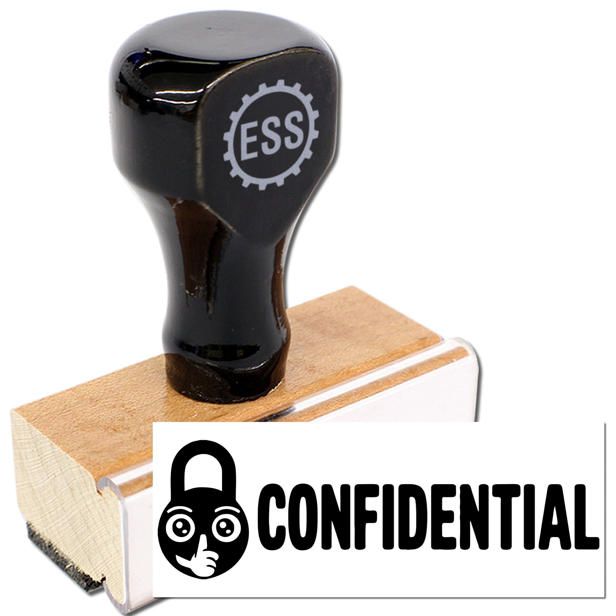 Black rubber confidentiality stamp with wooden handle, lock icon, and bold CONFIDENTIAL seal
