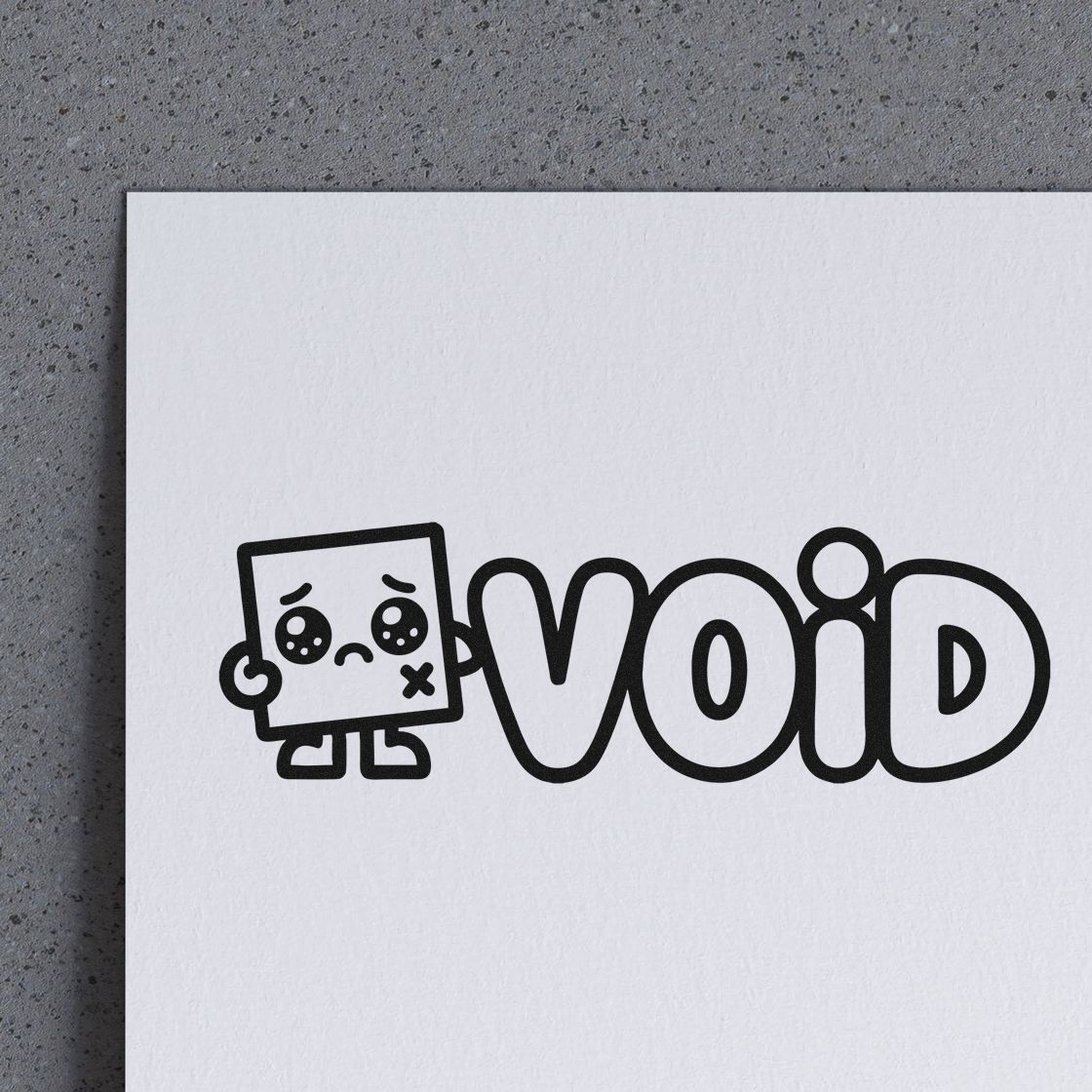 Black VOID rubber stamp seal with sad square mascot, printed in black on white paper.